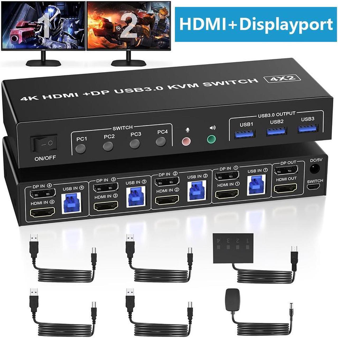 USB 3.0 Displayport + HDMI KVM Switch 2 Monitors 4 Computers, 4K@60Hz KVM Switch Dual Monitor 4 PC with Audio Microphone and 3 USB 3.0 Ports, 4 Port HDMI+DP Dual Monitor KVM Switch for 4 PC 2 Monitors