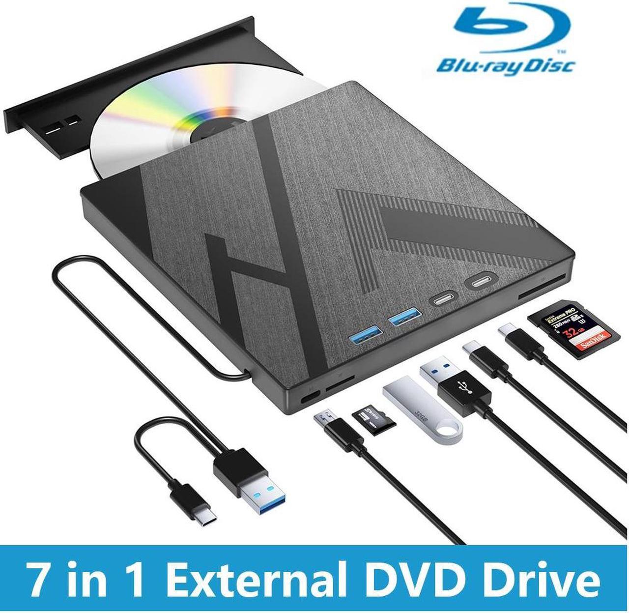Main image of 7 in 1 External Blu-ray Drive, USB 3.0 Type-C Optical External Blueray/DVD Drive Burner with SD/TF Port, Support 100G Bluray Disc R/W for PC Compatible with Windows XP/7/8/10/11 Mac Laptop Desktop