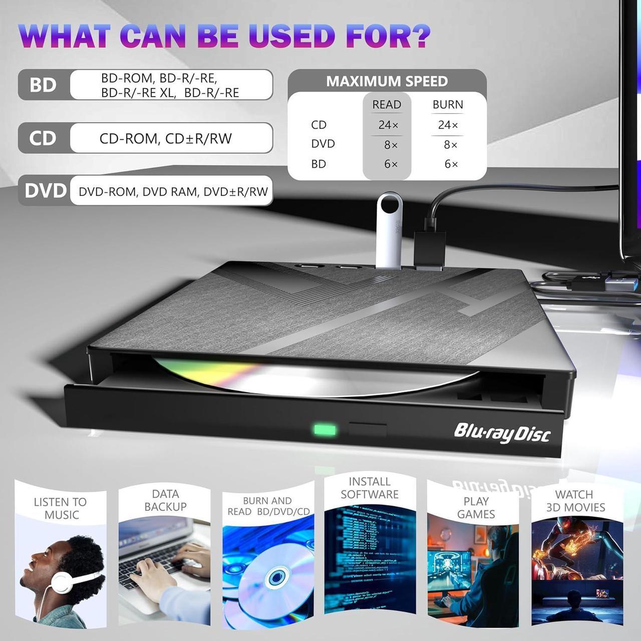 Alt view image 3 of 7 - 7 in 1 External Blu-ray Drive, USB 3.0 Type-C Optical External Blueray/DVD Drive Burner with SD/TF Port, Support 100G Bluray Disc R/W for PC Compatible with Windows XP/7/8/10/11 Mac Laptop Desktop