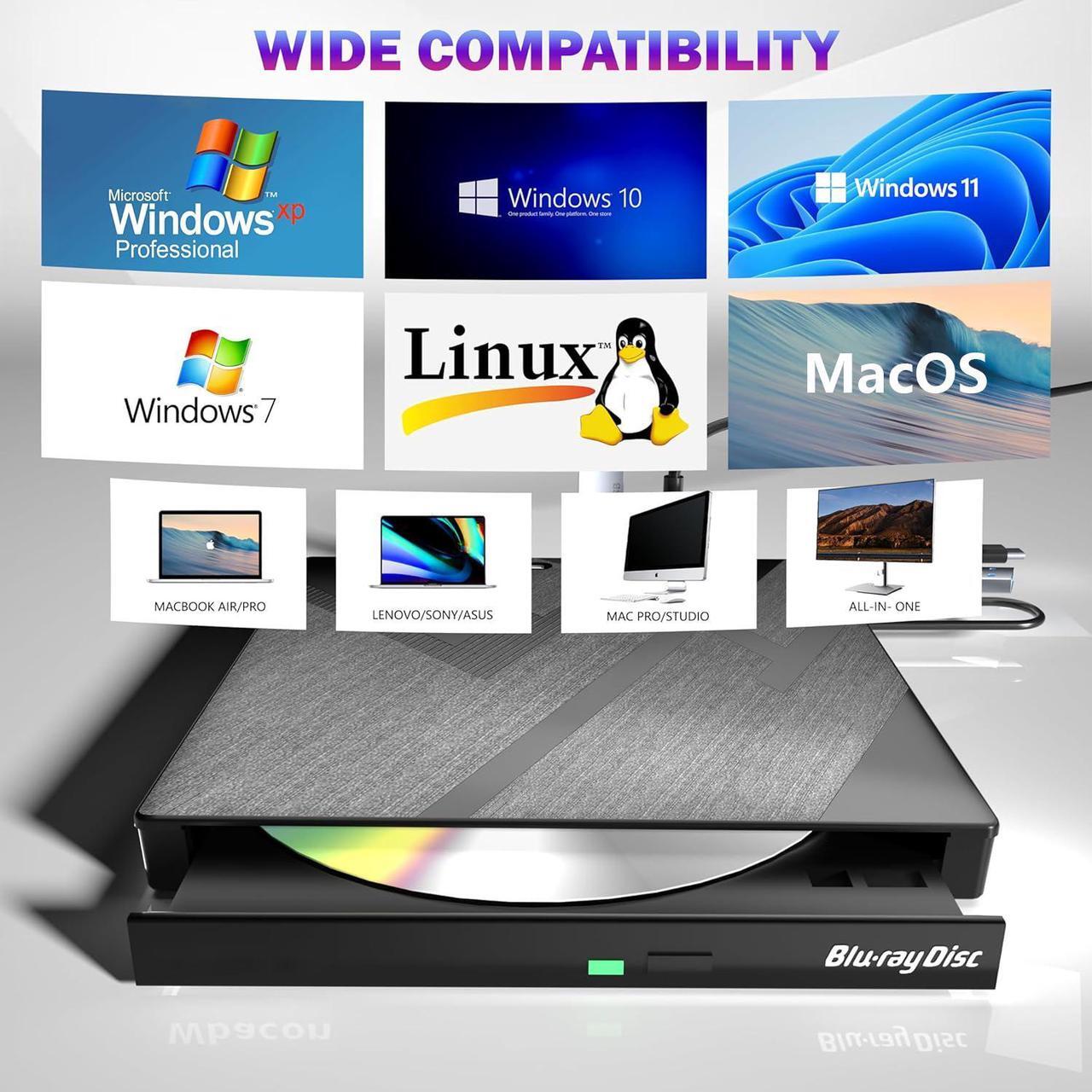 Alt view image 6 of 7 - 7 in 1 External Blu-ray Drive, USB 3.0 Type-C Optical External Blueray/DVD Drive Burner with SD/TF Port, Support 100G Bluray Disc R/W for PC Compatible with Windows XP/7/8/10/11 Mac Laptop Desktop