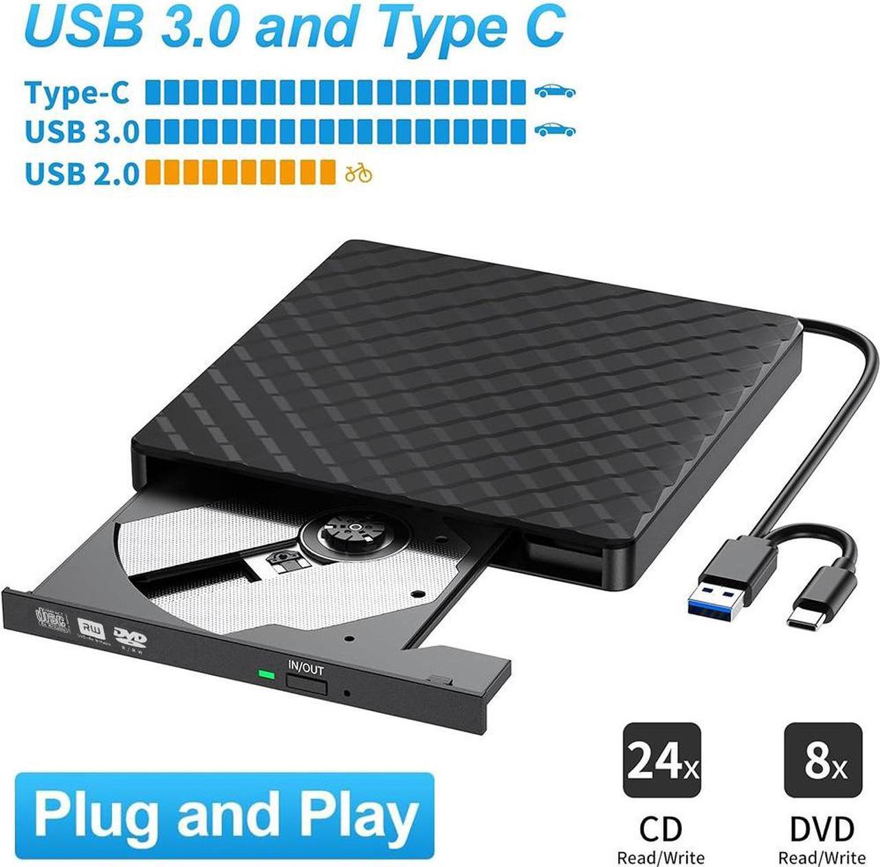 External CD DVD Drive, USB 3.0 Type-C Portable CD DVD +/-Rw Drive Reader, DVD/CD ROM Burner Rewriter, Slim Optical DVD Drive for Laptop, Desktop, Mac, Macbook, OS/Windows/Linux (Black)