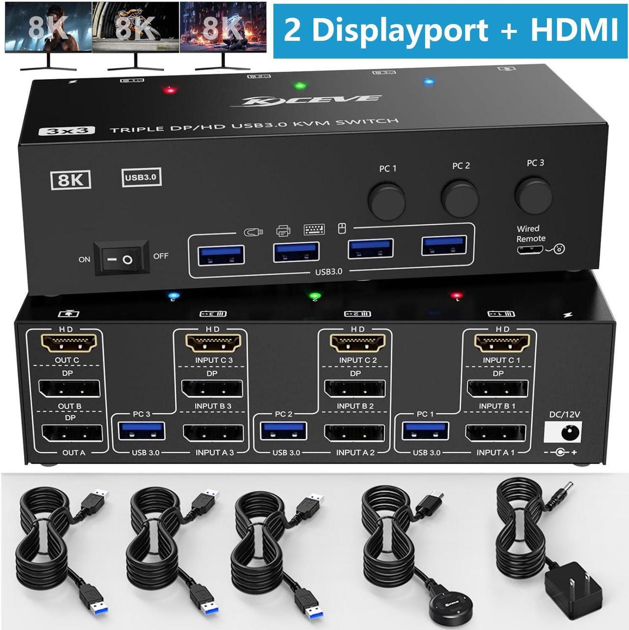 USB 3.0 KVM Switch 3 Computers 3 Monitors, HDMI + 2 DisplayPort Triple Monitor KVM Switcher, 8K@30Hz/4k@144Hz Triple Monitor DP KVM for 3 PC Share 3 Display and 4 USB3.0 Devices, Wired Remote Included