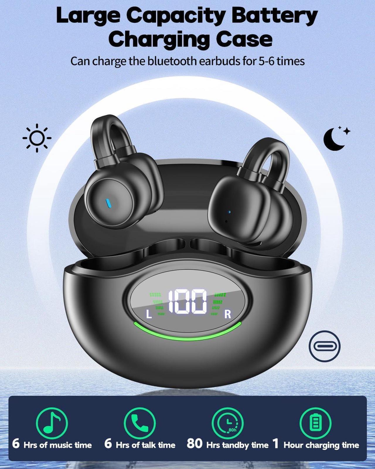 Ear Clip Earbuds, Bluetooth 5.3 Wireless Headphones, with 4 HD Mic and 42 Hours Reproduction Dual LED Display Charging Case, True Wireless Earbuds IPX7 Waterproof Sports Headset