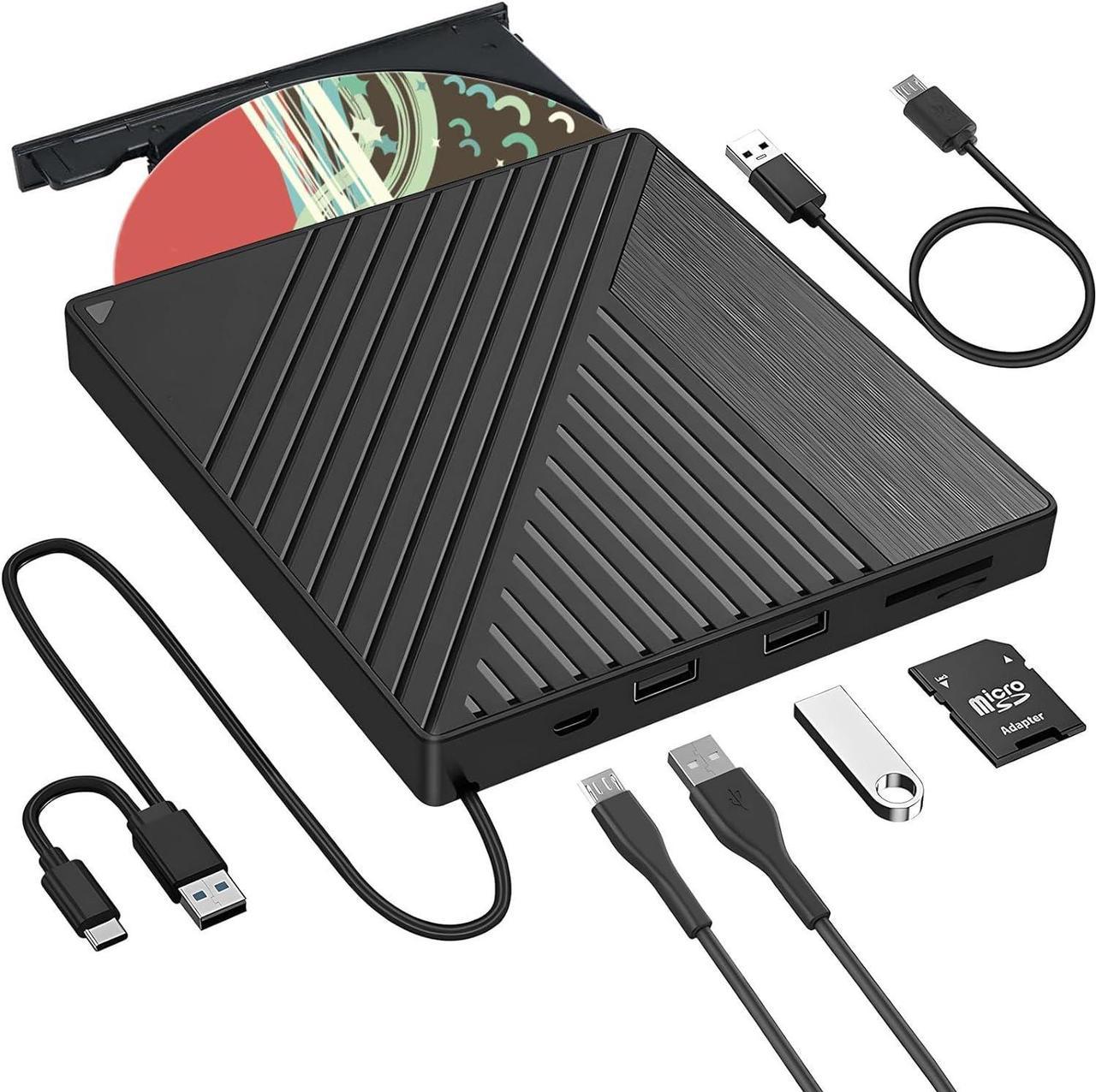 [5 in 1] External CD DVD Drive for Laptop, Portable CD Player with SD/TF Card Reader 2 USB Ports, Portable RW DVD CD Burner Optical CD/DVD Drive for Laptop, Desktop PC, Windows 7/8.1/10, Linux, MacOS