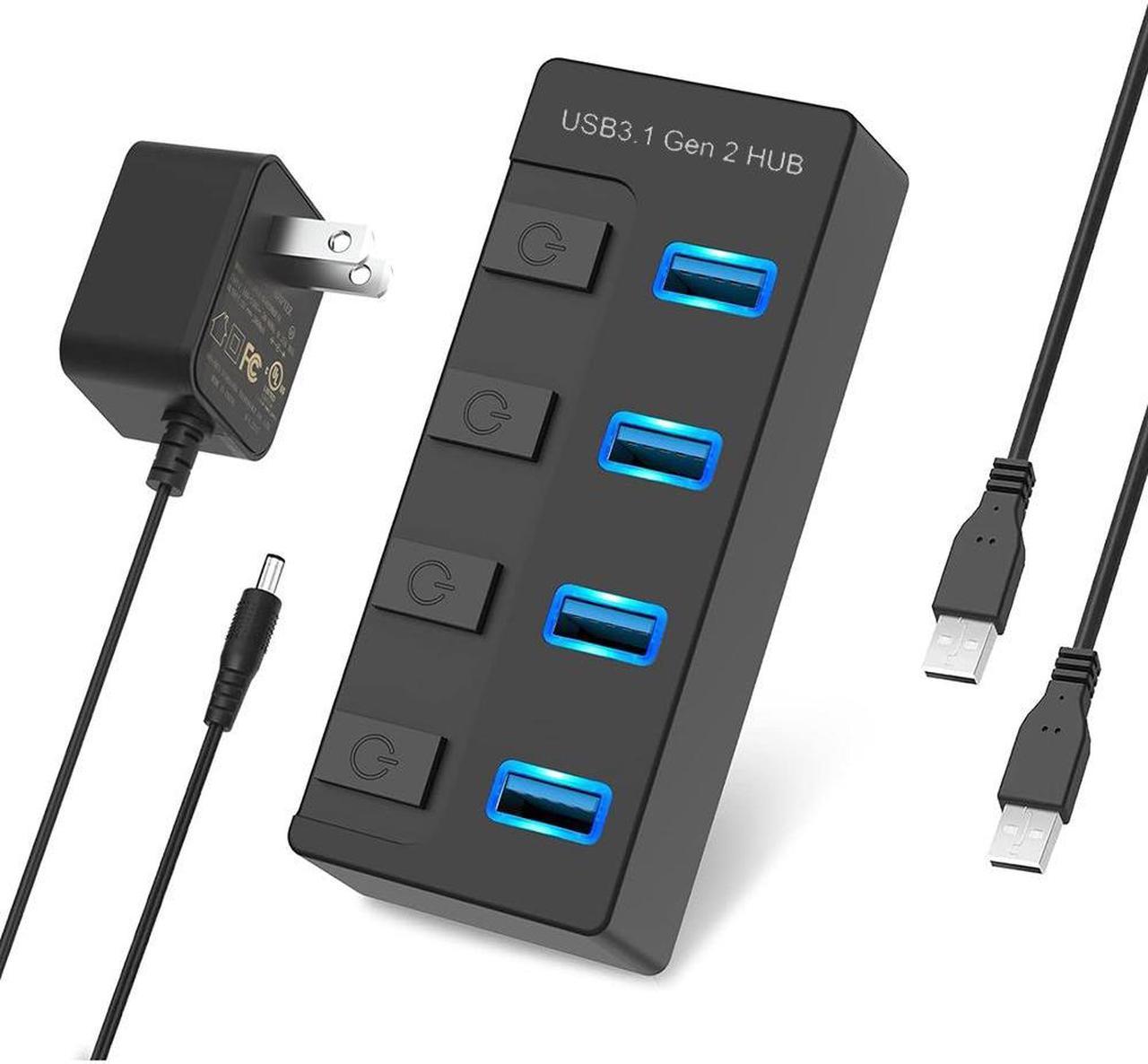 Powered USB 3.1/3.2 Hub, 4-Port USB 3.1/3.2 Gen 2 Hub, Superspeed USB Splitter up to 10Gbps with Power Adapter and Individual Switches,Charging Supported,Compatible with Desktop and Laptop,Surface Pro