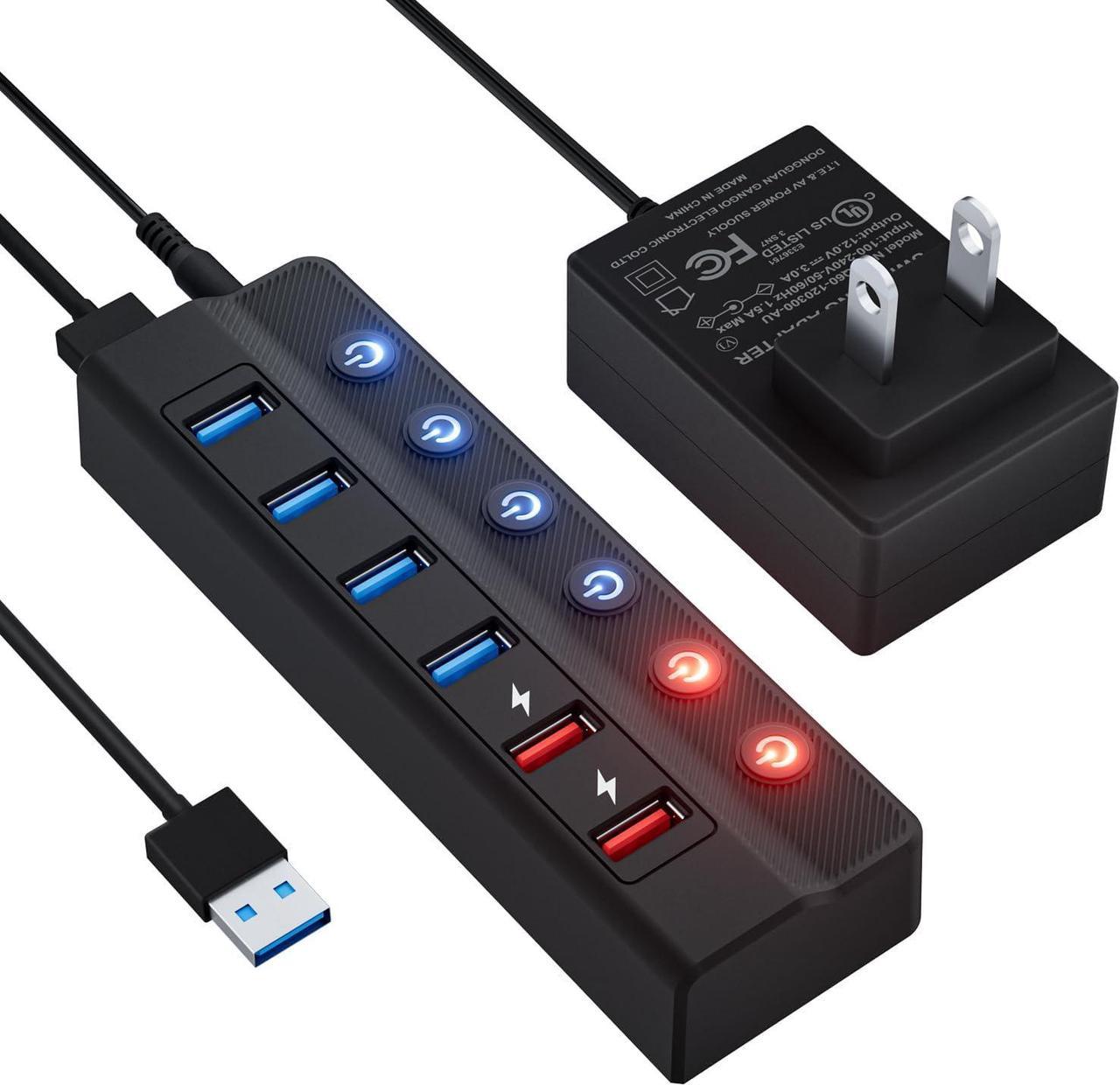 Powered USB Hub 3.0, 6-Port USB 3.0 Splitter Hub (4 Faster Data Transfer Ports+ 2 Smart Charging Port) with Individual LED On/Off Switches and 12V/3A Power Adapter USB Extension for Mac, PC