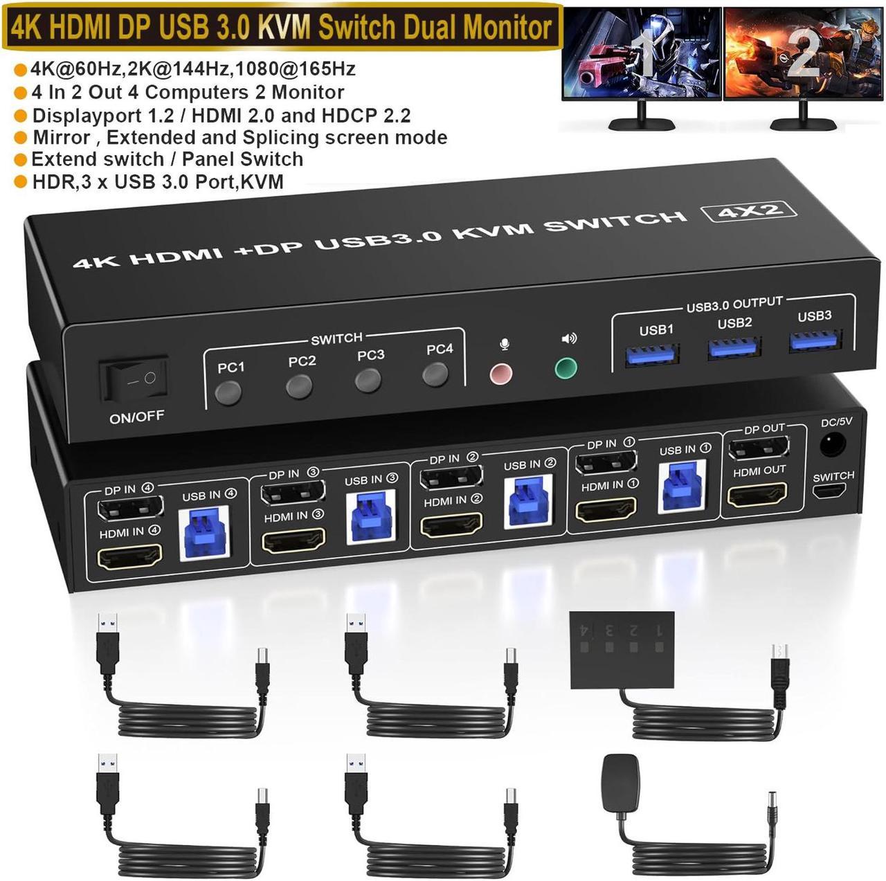 USB 3.0 Displayport + HDMI Dual Monitor KVM Switch 2 Monitors 4 Computers, 4K@60Hz KVM Switch 4 in 2 Out for 4 PC Share Keyboard Mouse with Audio Microphone and 3 USB 3.0 Ports, DP + HDMI KVM Switch