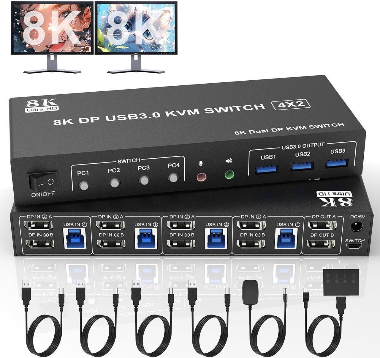 8K@60Hz Displayport USB 3.0 KVM Switch 2 Monitors 4 Computers, DP1.4 KVM Switch Dual Monitor with Audio Microphone Output and 3 USB 3.0 Ports, 4 Port KVM Switch Displayport for 4 PCs 2 Monitors