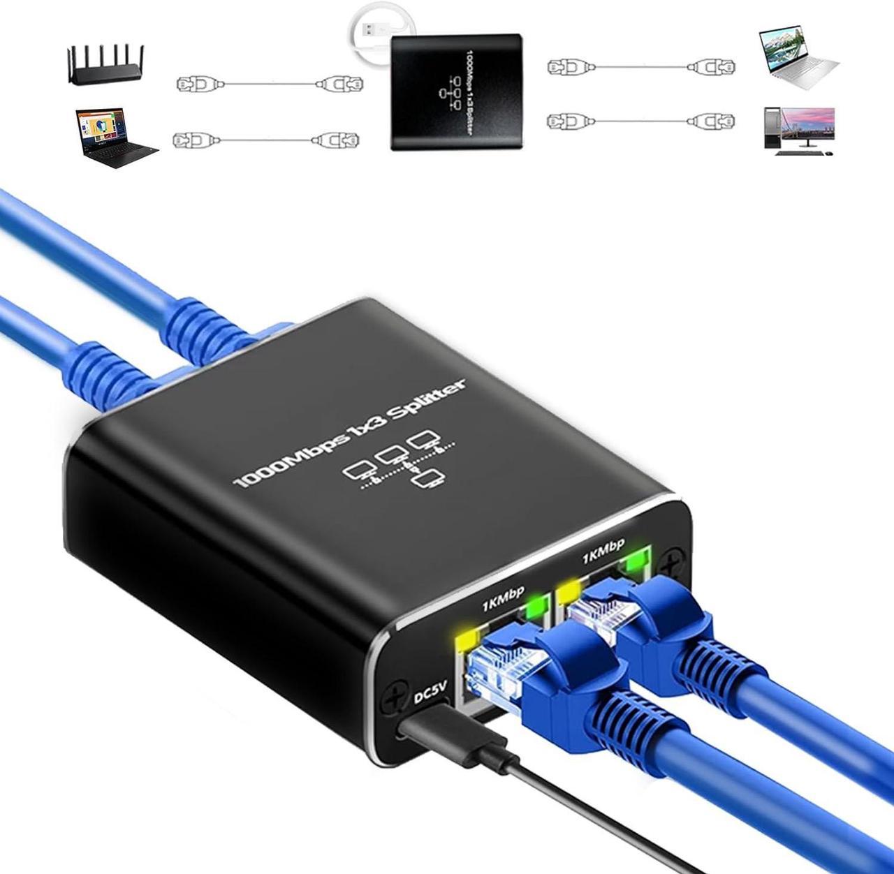 Ethernet Splitter High Speed Gigabit, 1000Mbps Ethernet Splitter 1 to 3 [3 Devices Simultaneous Networking], 1 to 3 RJ45 Splitter Adapter with USB Power Cable,Internet Splitter for Cat5/5e/6/7/8 Cable