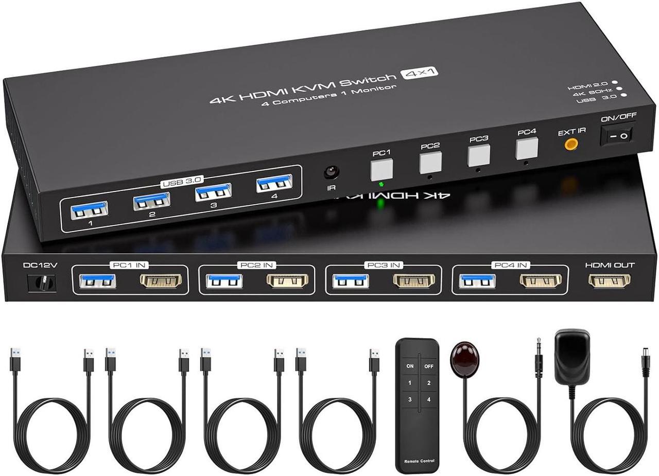 USB 3.0 HDMI KVM Switch 4 in 1 Out for 4 Computers 1 Monitors, 4K60Hz 4 Port HDMI 2.0 KVM Switches Share 4 USB 3.0 Devices Supports EDID Mounting with DC12V Power Adapter and 4 USB 3.0 Cable