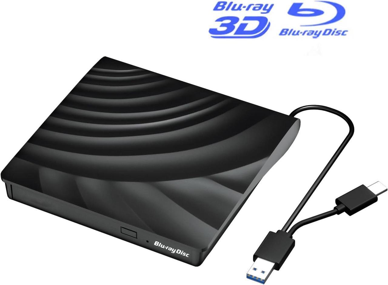 External Blu Ray CD DVD Drive, USB 3.0 Type-C Portable 3D Bluray CD DVD Reader Slim Optical Bluray DVD Drive for Mac-Book Laptop Desktop PC Laptop Compatible with Mac OS Windows XP/7/8/10/11