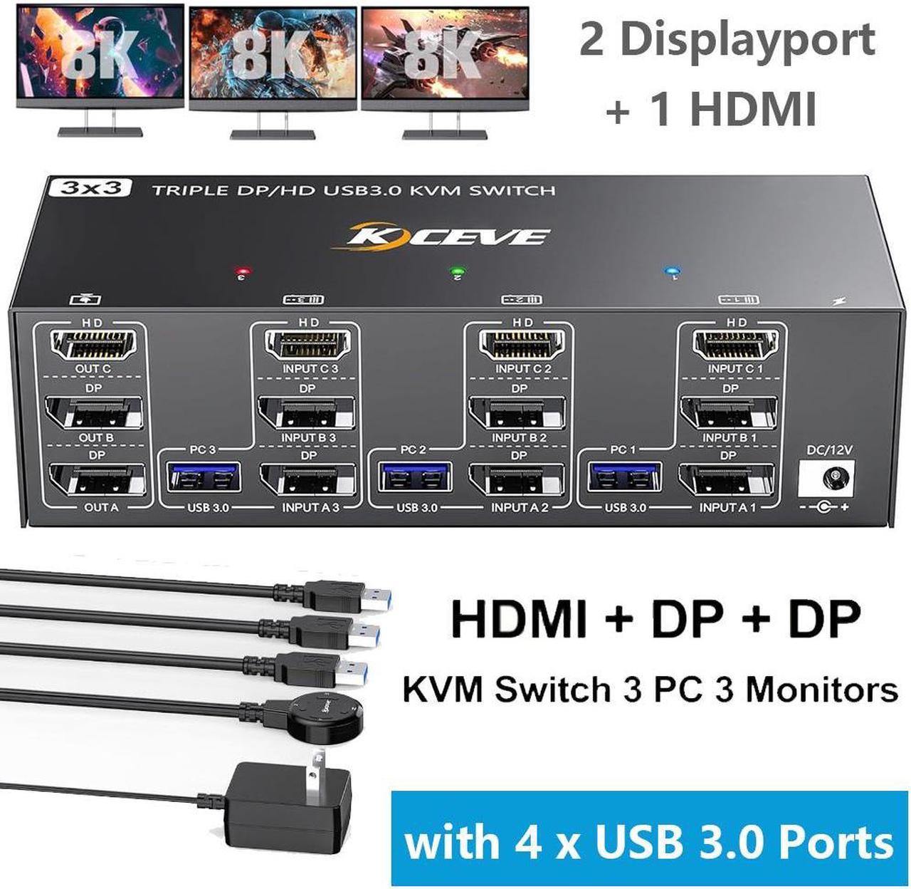 USB 3.0 KVM Switch 3 PC 3 Monitors, 2 Displayport + HDMI Triple Monitors KVM Switch, 8K@60Hz KVM Switch 4K@144Hz, DP + DP + HDMI KVM Switch for 3 PC Share Mouse, Keyboard and 4 USB 3.0 Devices