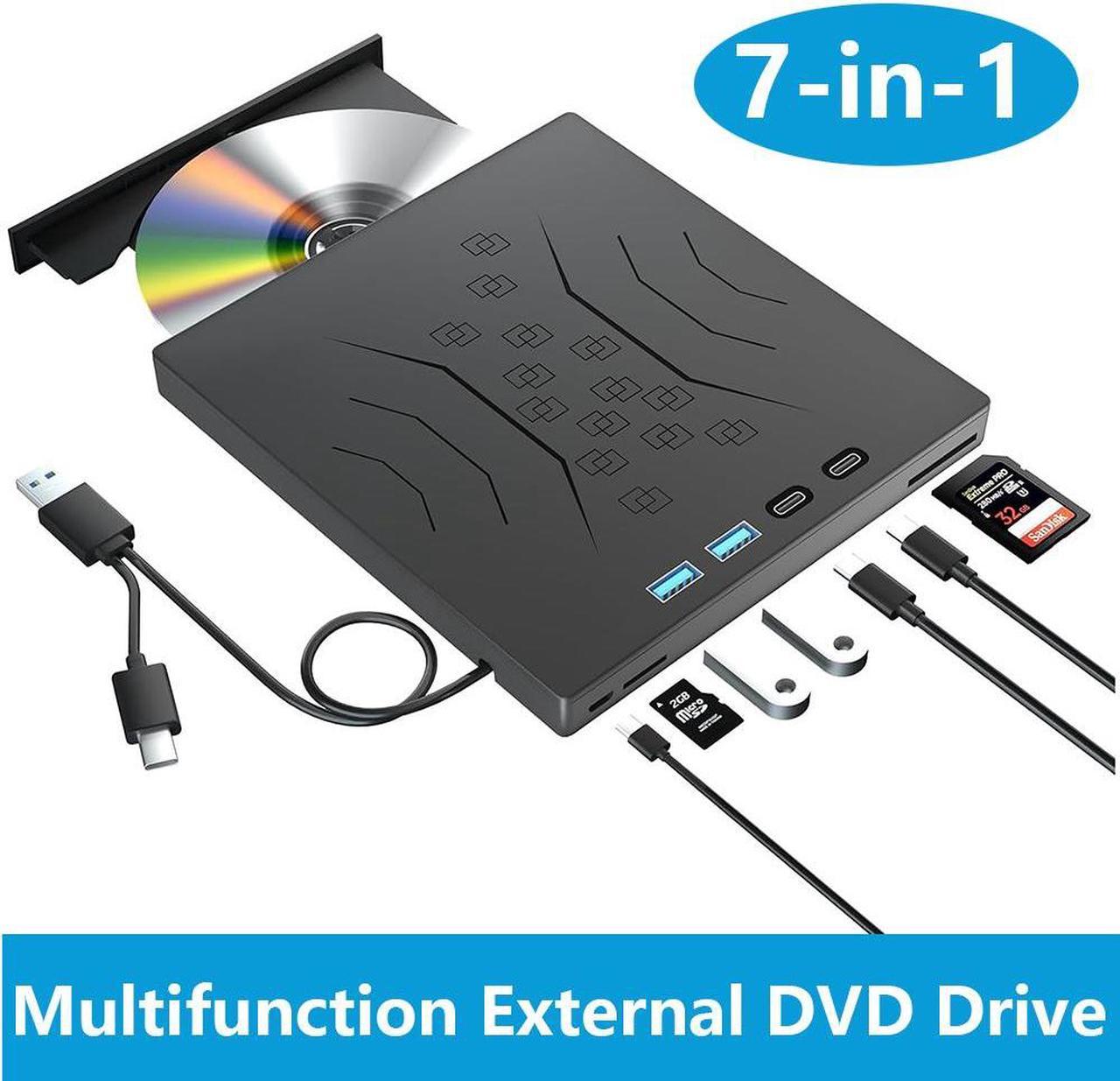 7 in 1 External CD DVD Drive, USB 3.0 & Type-C External CD/DVD Drive for Laptop, Portable CD/DVD +/-RW Disk Drive, CD/DVD Burner CD ROM External Drive for Laptop Desktop PC Windows 7/8/10/XP Mac Linux