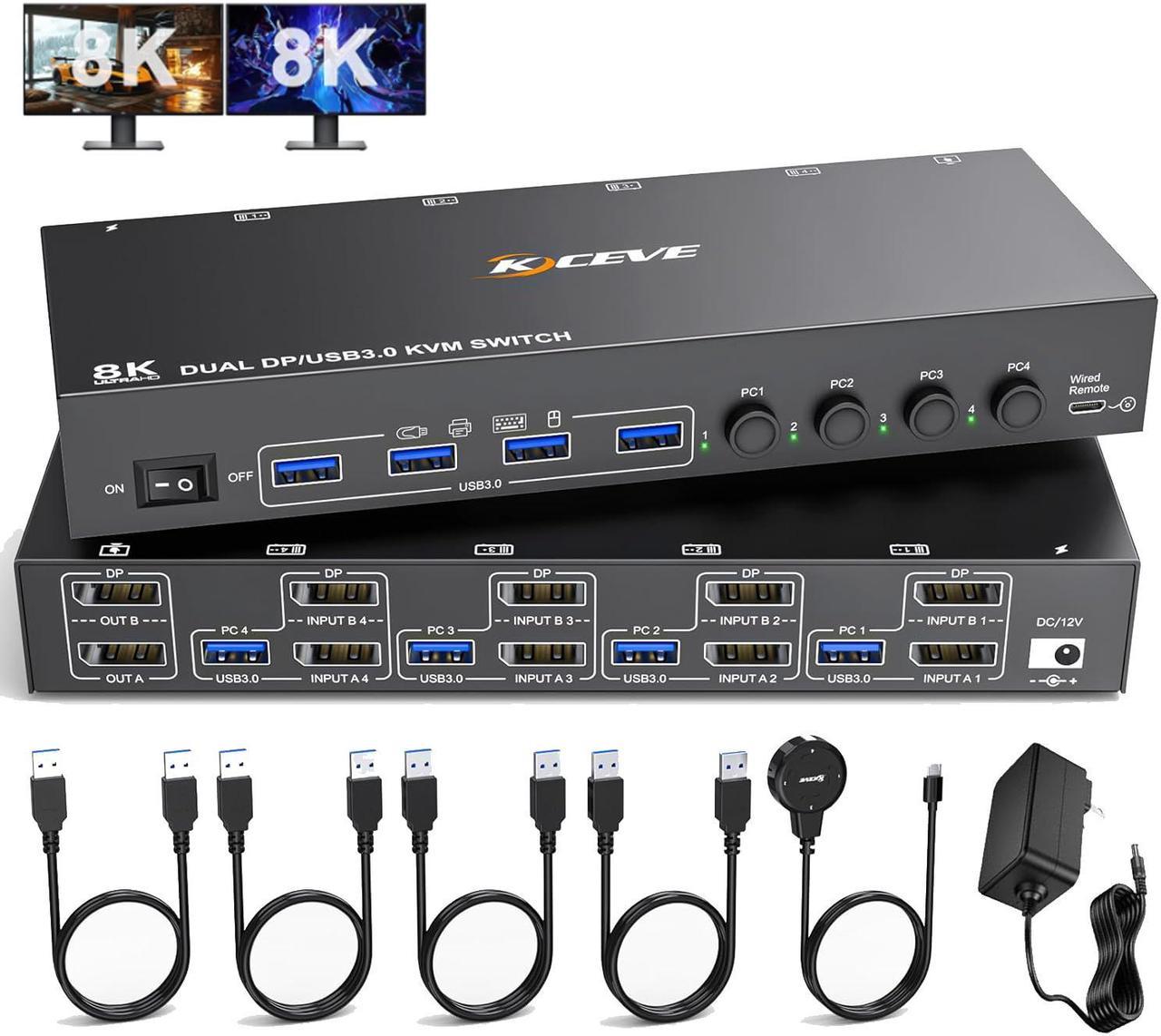 8K DisplayPort KVM Switch for 4 Computers 2 Monitors 8K@30Hz 4K@144Hz, Dual Monitor DP KVM Switch DisplayPort 1.4 and 4 USB 3.0 Ports for 4 PC/Laptops, with DP+USB Cable and Desktop Controller