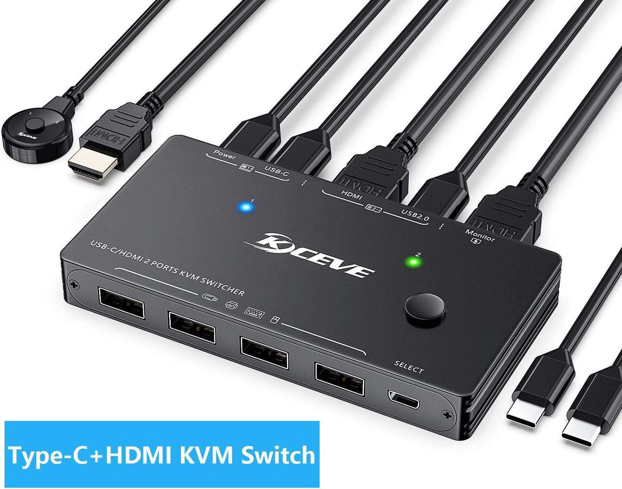 USB Type-C + HDMI KVM Switch 4K@60Hz, USB C KVM Switch for 2 Computers Share 1 Monitor and 4 USB Devices, Compatible with Thunderbolt 3, with 100 W Power Delivery, Wired Remote and 3 Cables Included