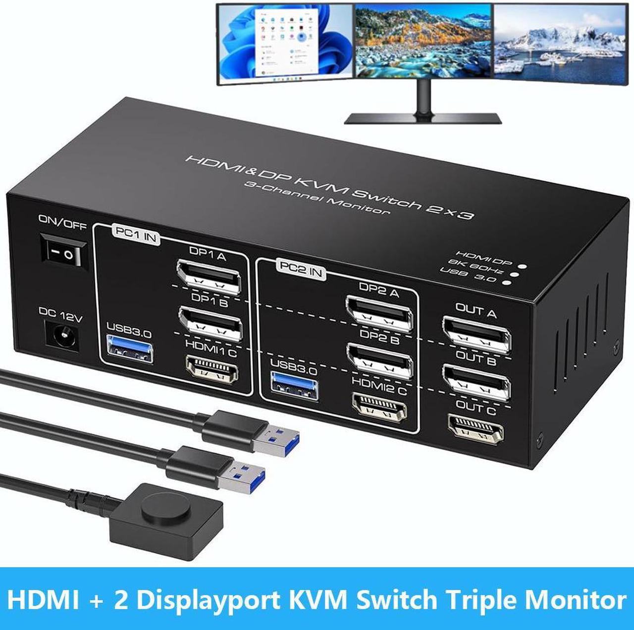 Hitoor [Triple Monitor] HDMI+2 Displayport KVM Switch for 2 Computers 3 Monitors 8K 60Hz 4K 120Hz, USB 3.0 HDMI + 2 DP KVM Swticher 2 PCs Share 3 Monitors for PS4 USB Output for Keyboard Mouse Printer