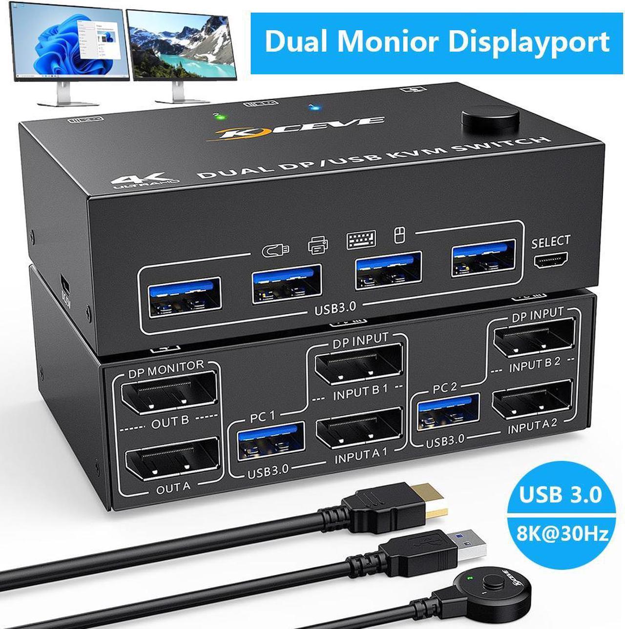 Hitoor Dual Monitor KVM Switch, USB 3.0 Displayport KVM Switch 2 Monitors 2 Computers 8K@30Hz 4K@144Hz, Displayport KVM Switch with 4 USB 3.0 Ports for USB Devices,Wired Remote and USB Cables Included