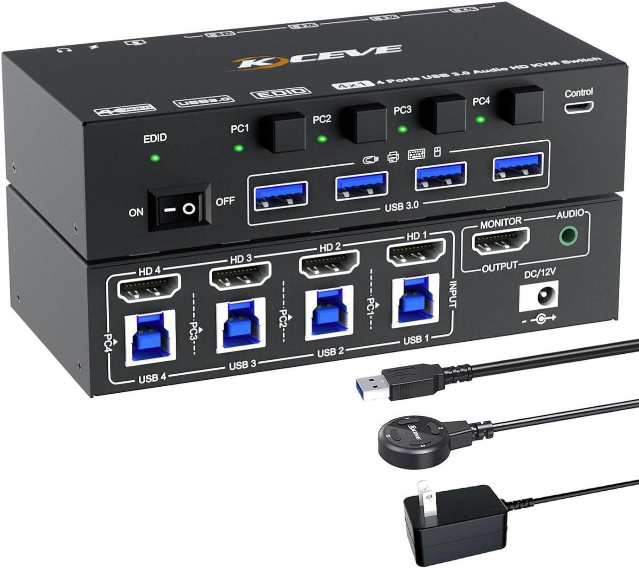 Hitoor KVM Switch 4 Computers 8K@60Hz 4K@144Hz, Simulation EDID, USB 3.0 HDMI KVM Switch for 4 Computers Share 1 Monitor and Keyboard Mouse and Headset,with Wired Remote,Power Adapter and USB3.0 Cable