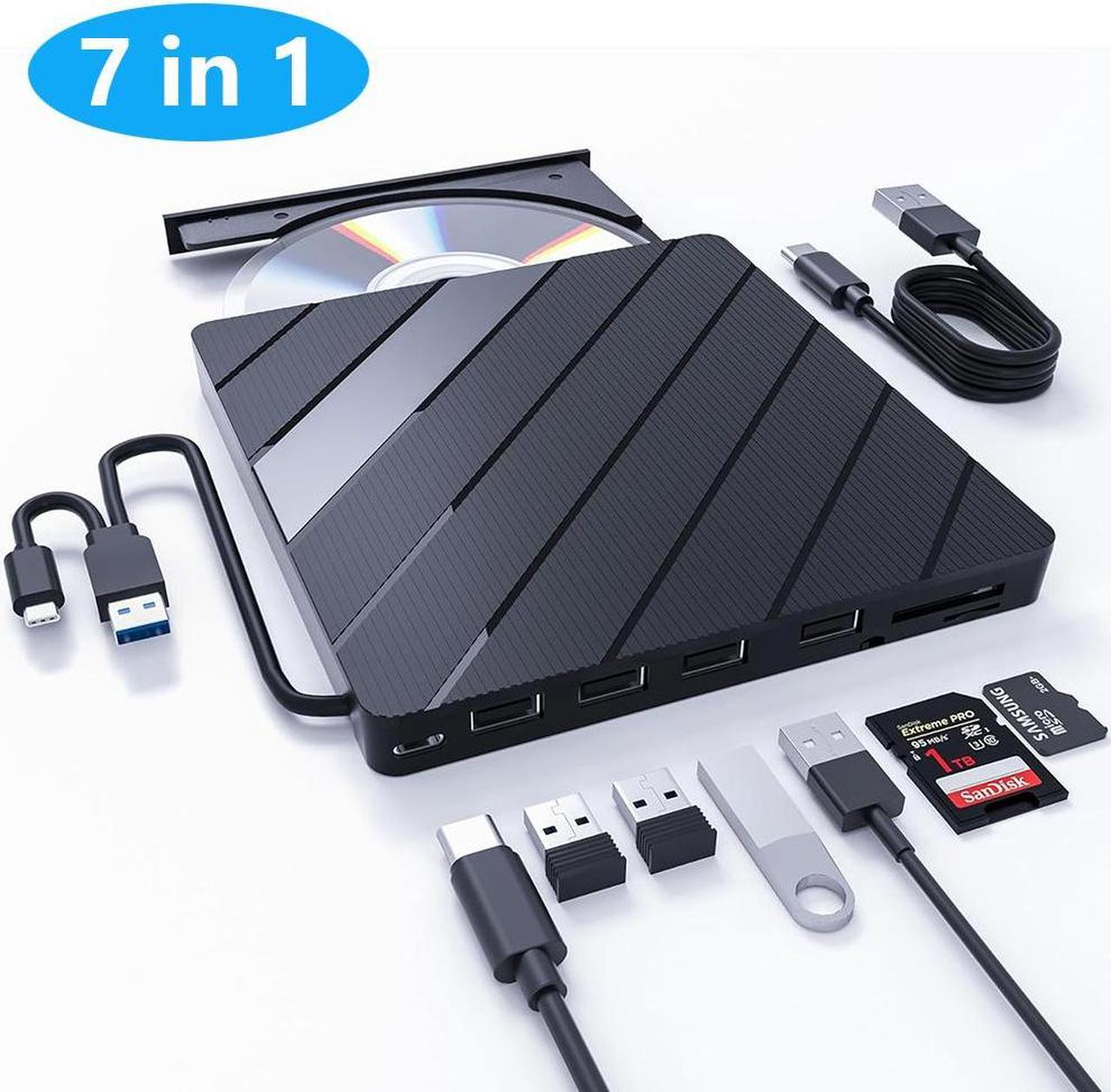 Hitoor [7 in 1] External DVD Driver, USB 3.0 & USB C Portable CD/DVD +/-RW Drive/DVD Player with SD Card Reader 4 USB A Ports, CD ROM Burner Compatible with Laptop Desktop PC Windows Linux MacOS