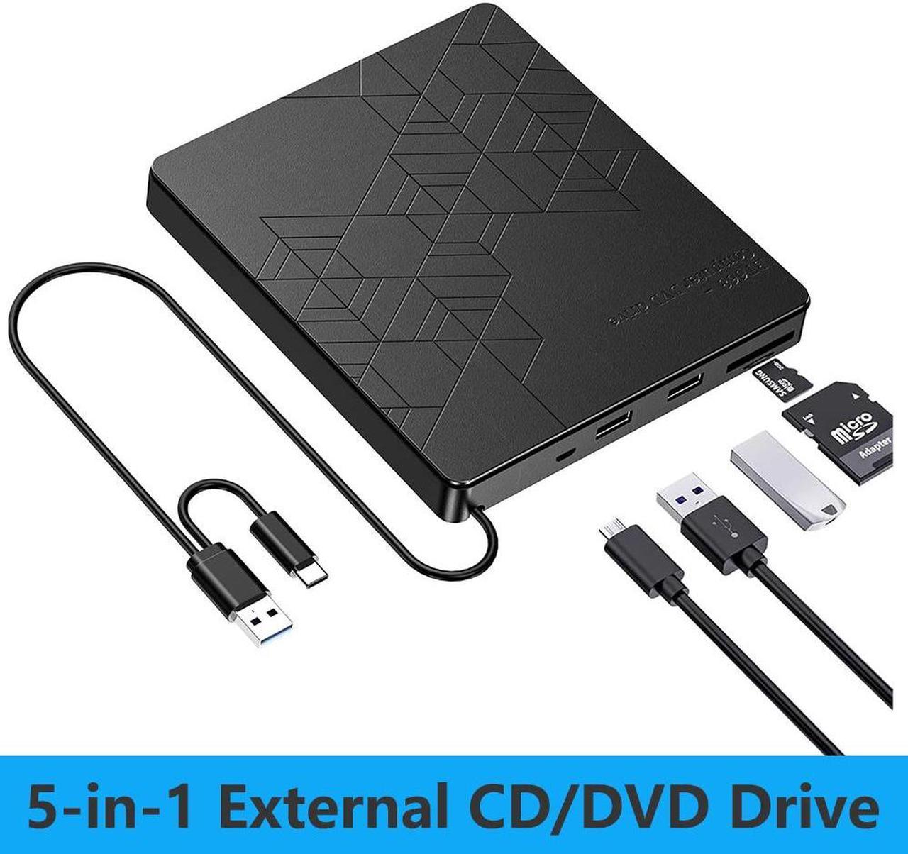 Hitoor External CD DVD Drive, USB 3.0 Type-C CD DVD +/-RW Optical Burner, [5 in 1] External DVD Drive with 2 USB Port & SD/TF Card Reader for All PC Laptop/Desktop Windows 10/8/7/XP/Vista/Linux/MacOS