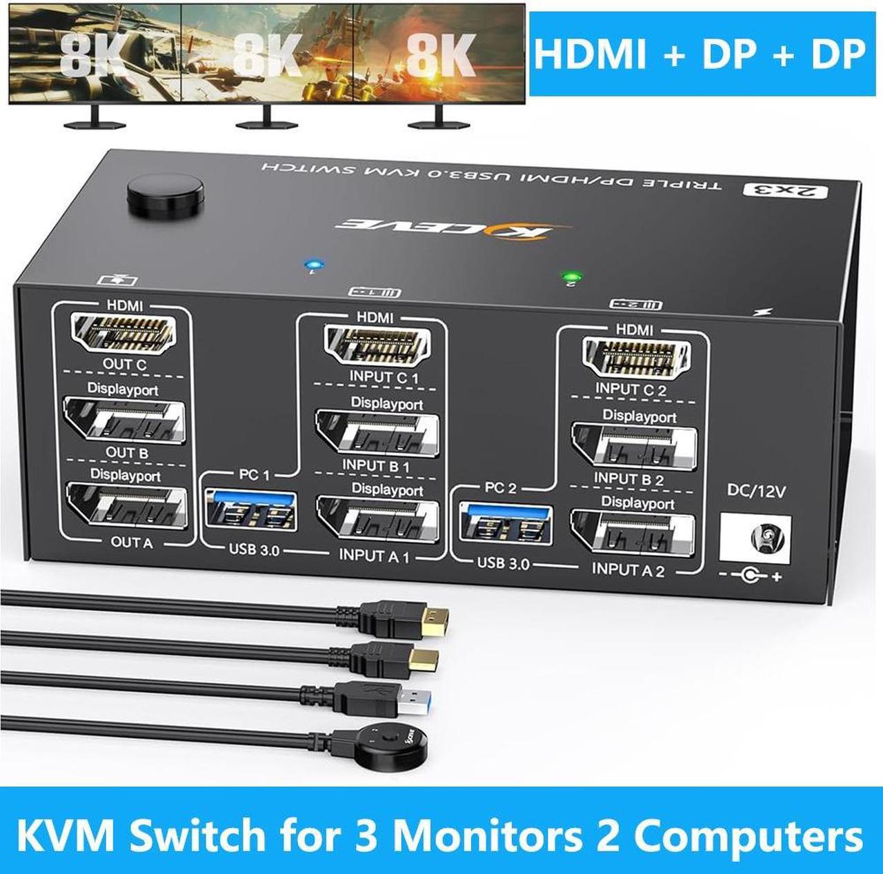 Hitoor KVM Switch 3 Monitors 2 Computers 8K@60Hz 4K@144Hz, 2 Displayport + HDMI Triple Monitor USB 3.0 KVM Switch with 4 USB 3.0 Port for Keyboard Mouse, with Wired Remote & Power Adapter