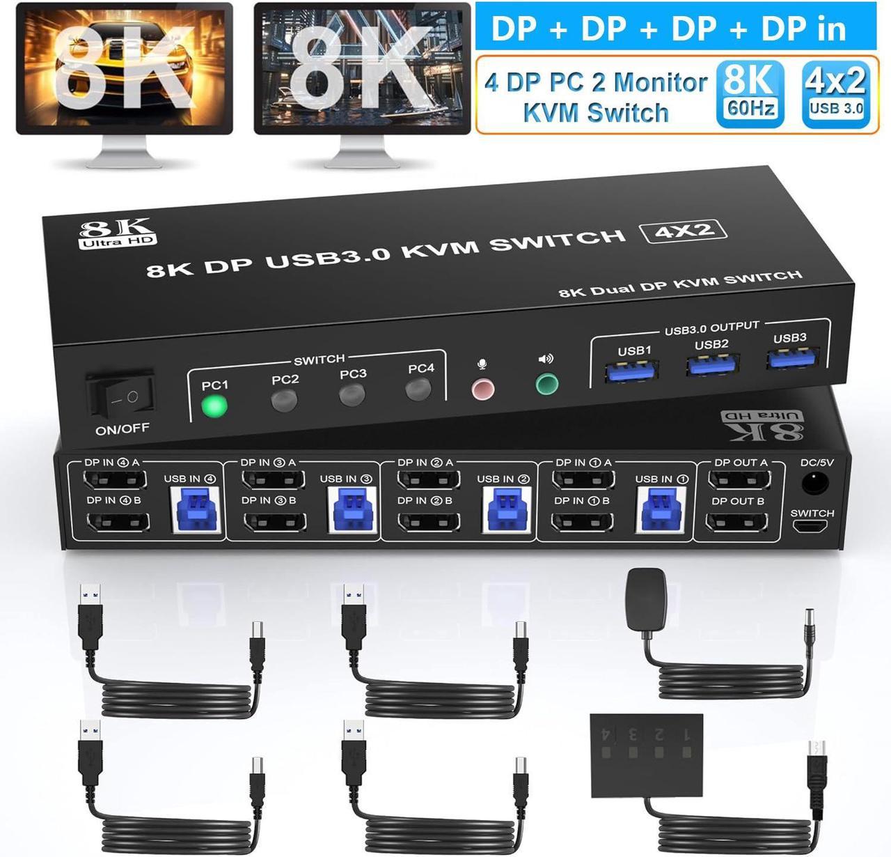 Hitoor 8K@60Hz Displayport USB 3.0 KVM Switchfor 4 Computers 2 Monitors 4K@144Hz, DP1.4 Dual Monitor Displayport KVM Switch 4 Port with Audio Output and 3 USB 3.0, 8K DP Monitor Switch for 4 PCs