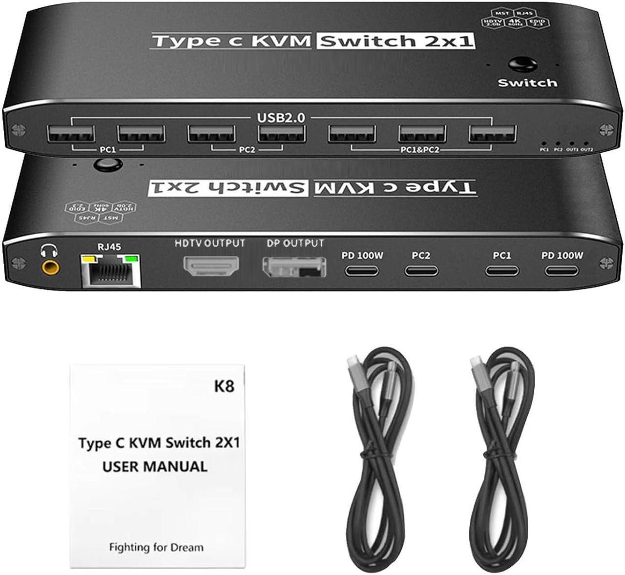 Hitoor 2 Ports Type C KVM Switch for 1 Monitors 2 Computers, 8K@60Hz USB C Type-C KVM Switches 2 in 1 Out with 7 USB 2.0 Ports for 2 Computers Sharing Monitor Keyboard Mouse Hard Drives Printer