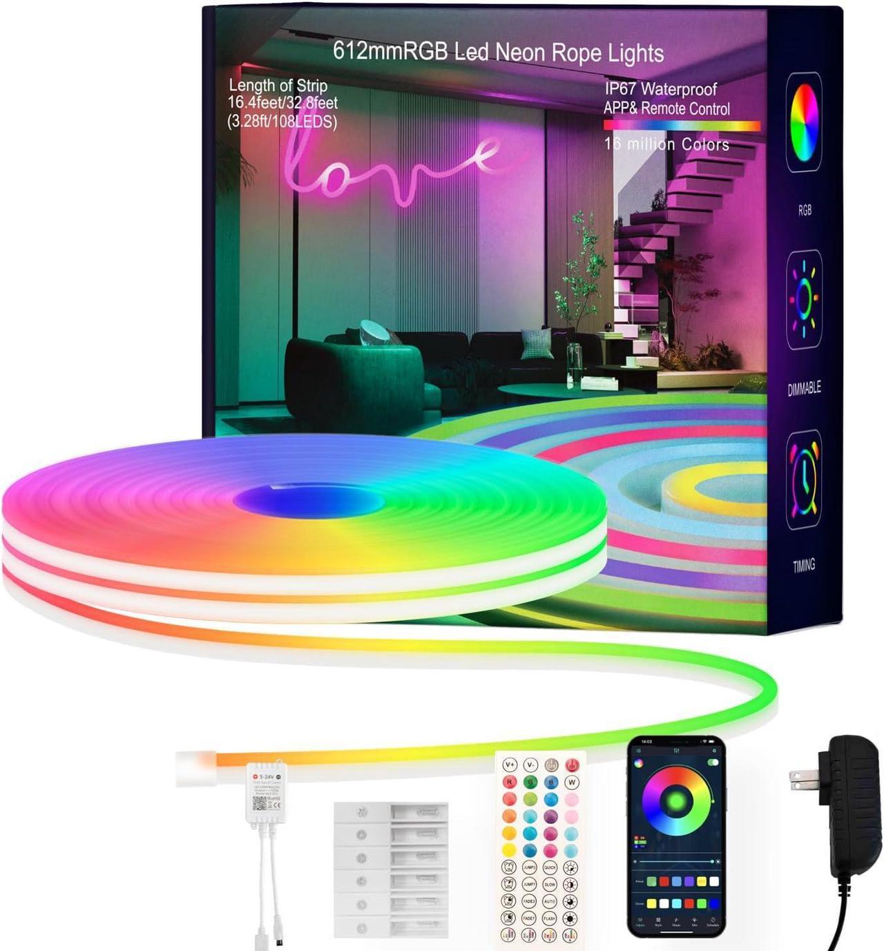 Hitoor Neon Rope Lights, 16.4FT/5M RGB LED Strip Lights App Control, IR Remote, Music Syncing,Outdoor IP67 Waterproof, Flexible DIY Design for Bedroom, Living, Gaming, Party Decoration