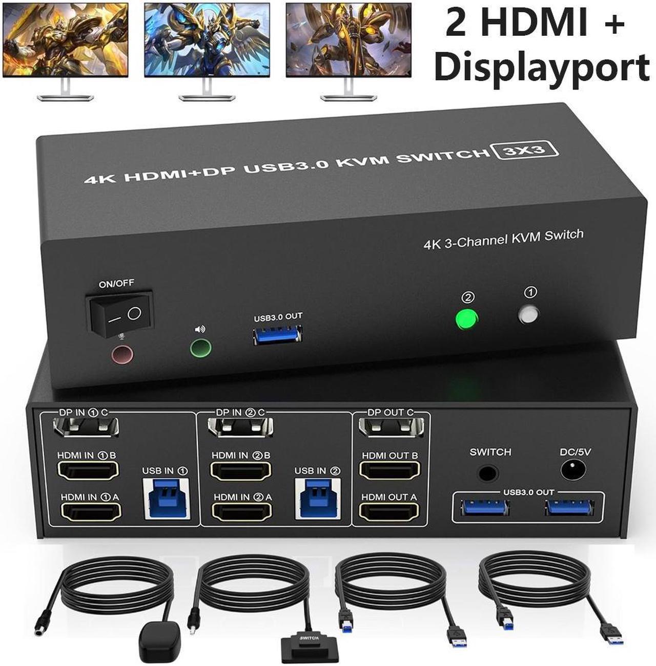 Hitoor KVM Switch 3 Monitors 2 Computers 4K@60Hz, 2 HDMI + Displayport KVM Switch Triple Monitor for 2 Computer Share 3 Monitors, with Audio Mic Port and 3 USB3.0 Ports, Wired Remote and Power Adapter