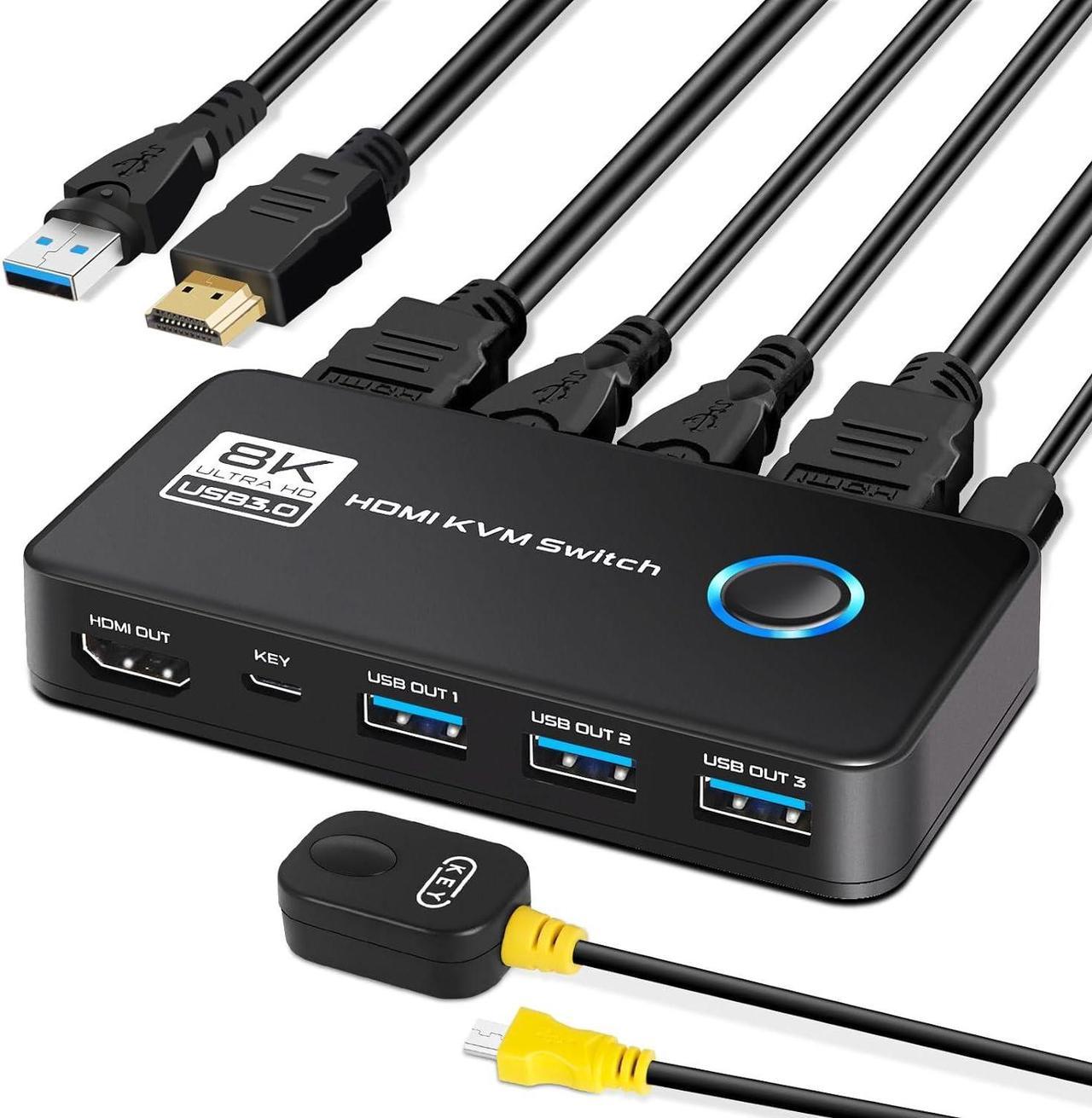 Hitoor 2 Port HDMI KVM Switch, 8K@60Hz 4K@120Hz HDMI USB 3.0 KVM Switch for 2 Computer Share 1 HD Monitor and 3 USB 3.0 Devices, Included Wired Remote, 2 HD-MI 2.1 Cables and 2 USB 3.0 Cables