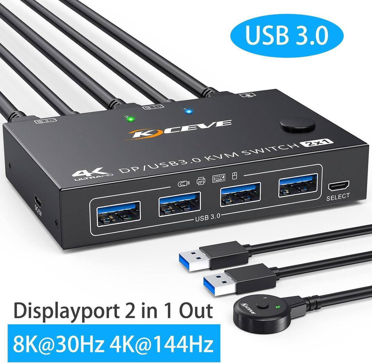 Hitoor Displayport KVM Switch 2 Computers 1 Monitor, USB 3.0 KVM Switch Displayport 8K@30Hz 4K@144Hz, DP KVM Switch 2 PC 1 Monitor Share 4 USB 3.0 Devices Keyboard Mouse Monitor, with Wired Remote