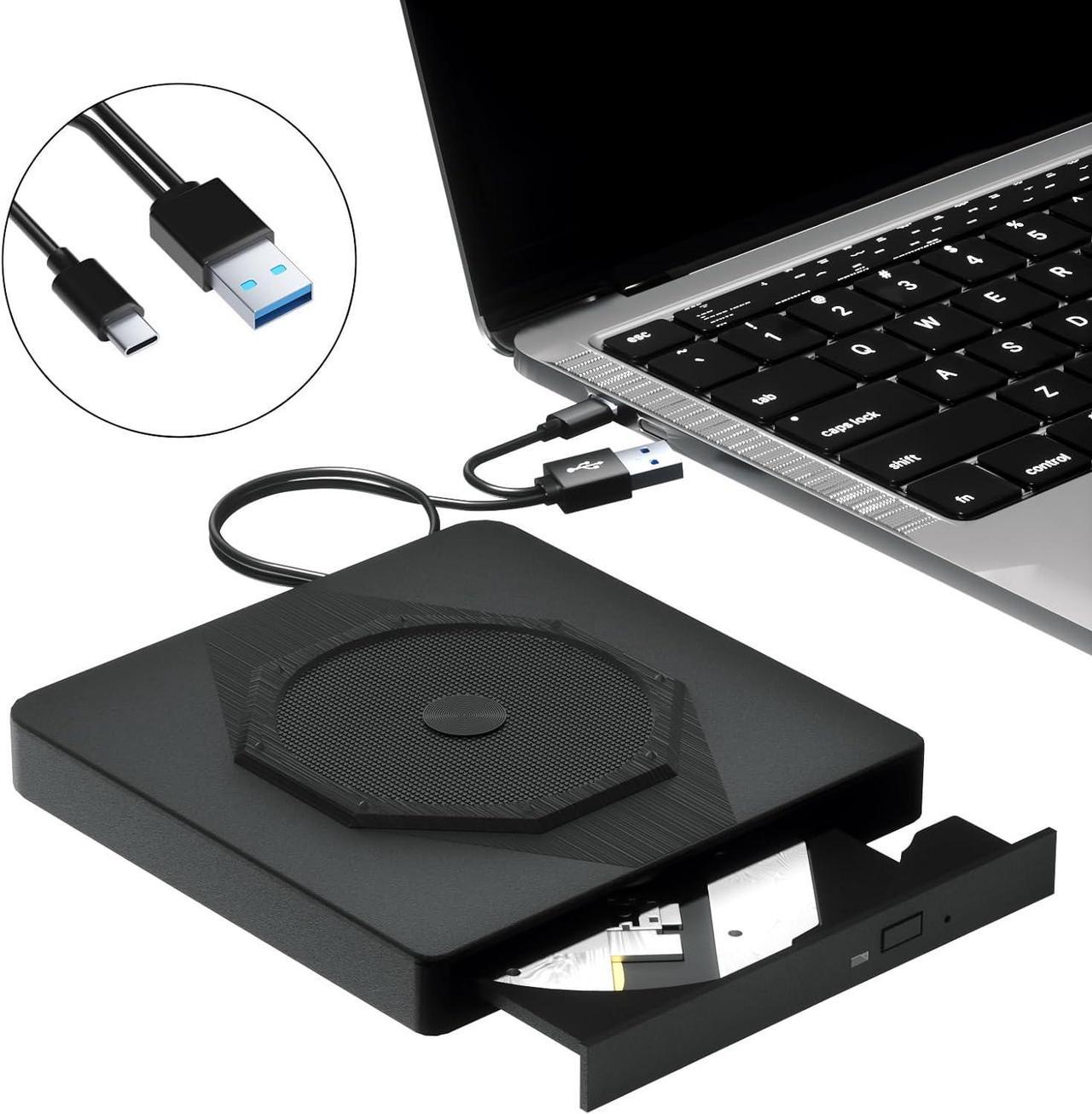 Hitoor External CD DVD Drive, USB 3.0 & Type-C Portable CD DVD Burner, +/-RW CD ROM External CD/DVD Drive for Laptop, CD Player for Laptop Compatible with Laptops, Desktop PC, Windows, Linux, Mac OS