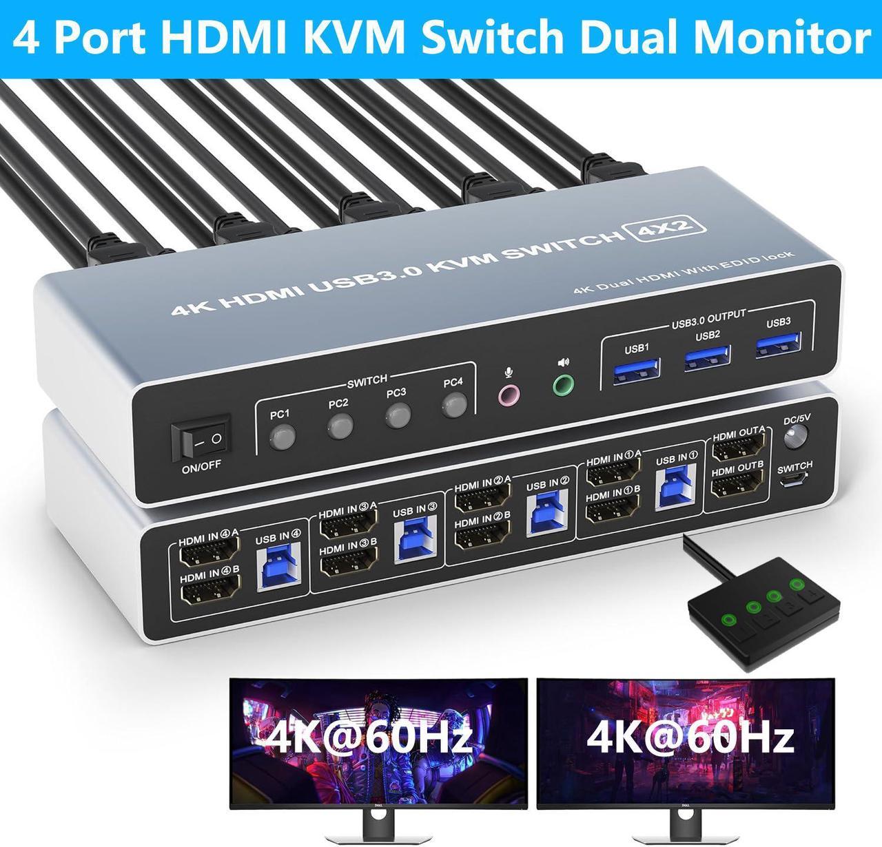 Hitoor USB 3.0 HDMI KVM Switch 4 Computers 2 Monitors, 4K@60Hz 4 Ports HDMI Dual Monitors KVM Switch Supports EDID, with Audio Microphone Output and 3 USB 3.0 Ports, 4 in 2 Out HDMI KVM Switches