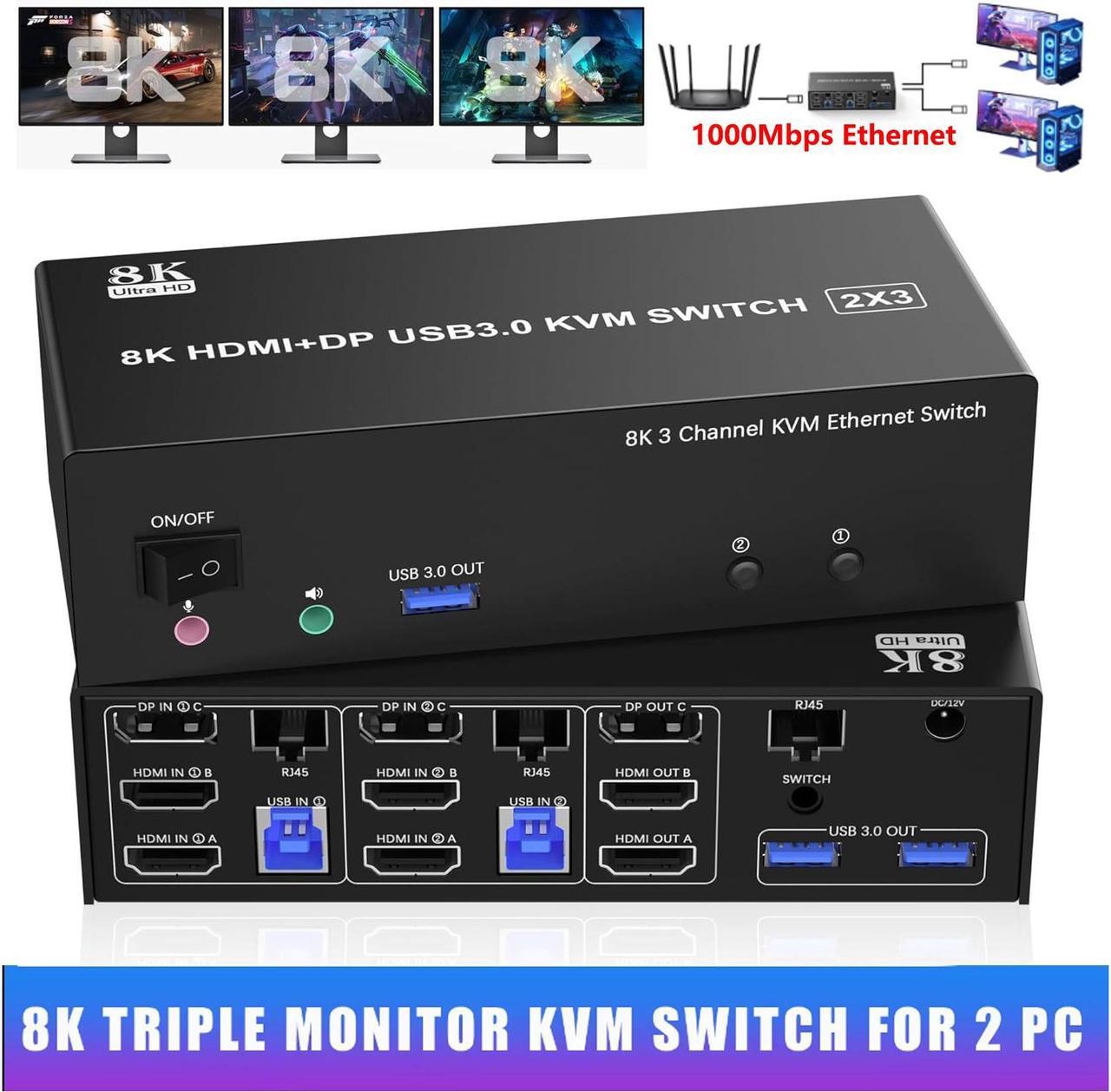 Hitoor KVM Switch 3 Monitors 2 Computers 8K@60Hz 4K@144Hz, 2 HDMI + DisplayPort Triple Monitor KVM Switch for 2 Computer Share 1000Mbps Ethernet, 3 USB 3.0 Ports, with Audio & Microphone Output