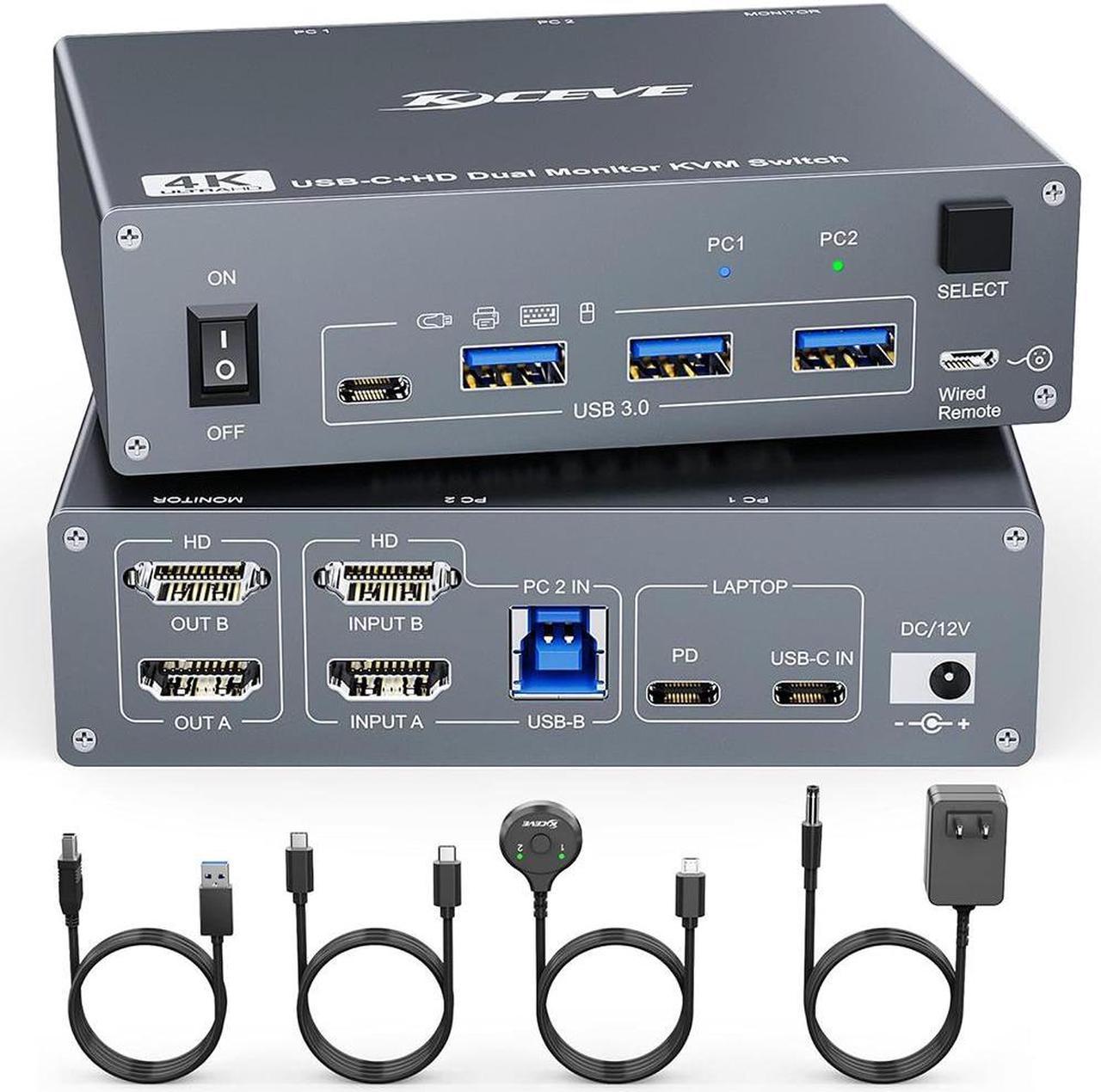 Hitoor USB C HDMI Dual Monitor KVM Switch 2 Monitors 2 Computers, Dual Monitor USB 3.0 Type C KVM Switcher Supports 4K@60Hz for 2 Computers Share Keyboard, Mouse and 2 Monitors, Wired Remote included