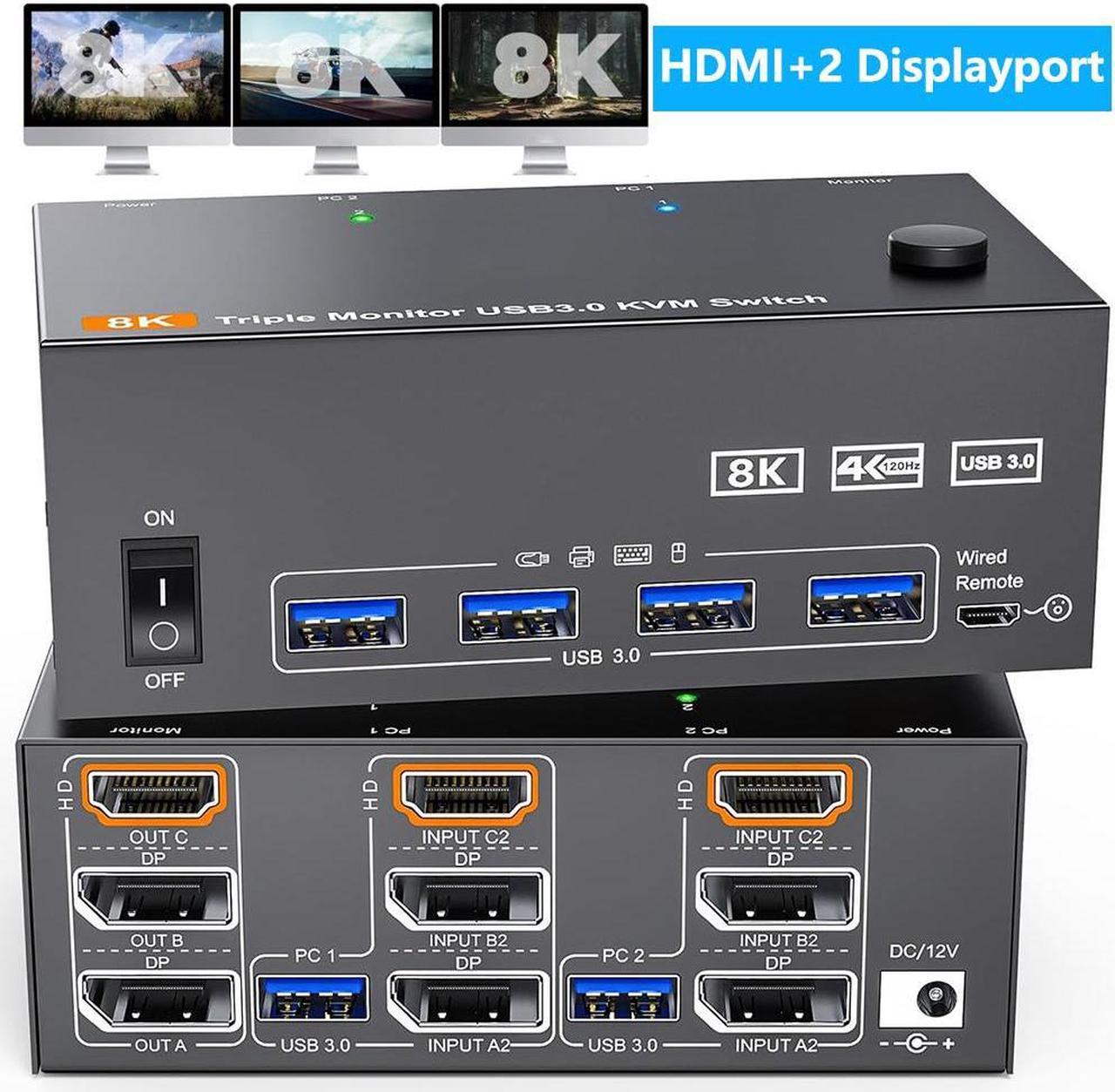 Hitoor KVM Switch 3 Monitors 2 Computers 4K@144Hz 8K@60Hz, 2 Displayport + HDMI Triple Monitor USB 3.0 KVM Switches with 4 USB 3.0 Port, Wired Remote, Power Adapter and USB 3.0 Cables Included