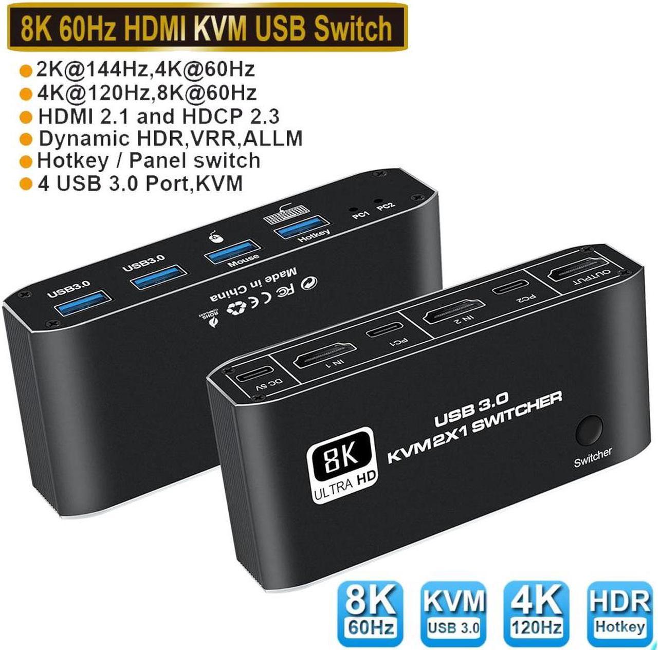 Hitoor 2 Port HDMI KVM Switch, HDMI USB KVM Switch 2x1 HDMI2.1 Ports + 4x USB3.0 Ports, Share 2 Computers One Monitor Switch, Supports 8K@60Hz,4K@120Hz,YUV 4:4:4, HDCP 2.3, HDR 10, Hotkey, Darkish