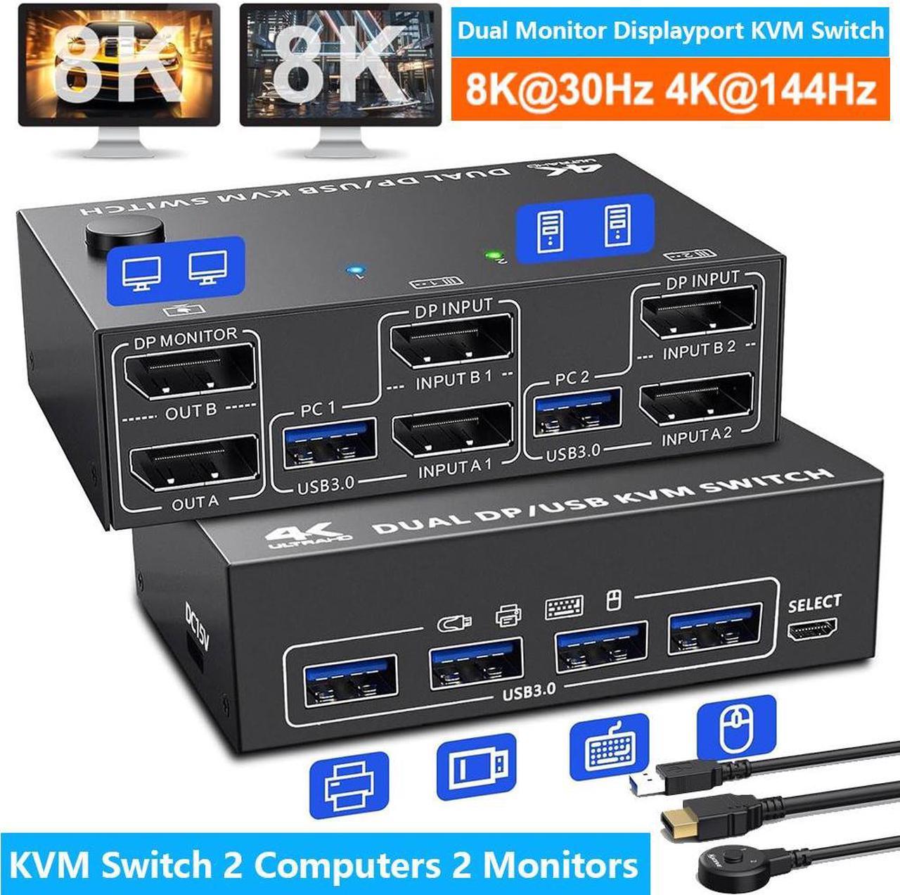 Hitoor KVM Switch 2 PC 2 Monitors, USB 3.0 DP KVM Switch 8K@30Hz 4K@144Hz, Dual Monitor KVM Switch Displayport 1.4 with 4 USB 3.0 Port for USB Device, Wired Remote and 4 Cable Included