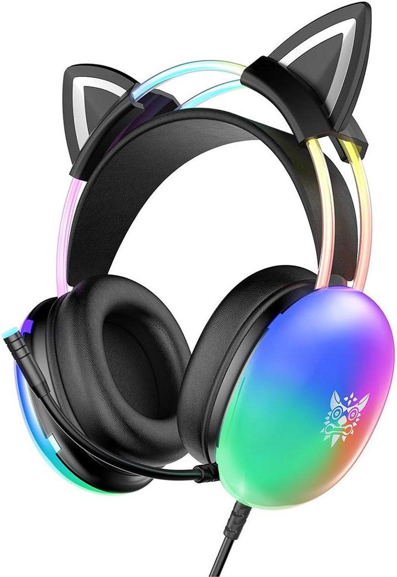 Hitoor Cat Ear Gaming Headset with Mic, RGB Rainbow Lighting, Surround Sound, 3.5mm Wired Over-Ear Headphones Gaming Headsets for PC/PS4/PS5/Switch/Laptop, Lightweight & Adjustable Headband (Black)