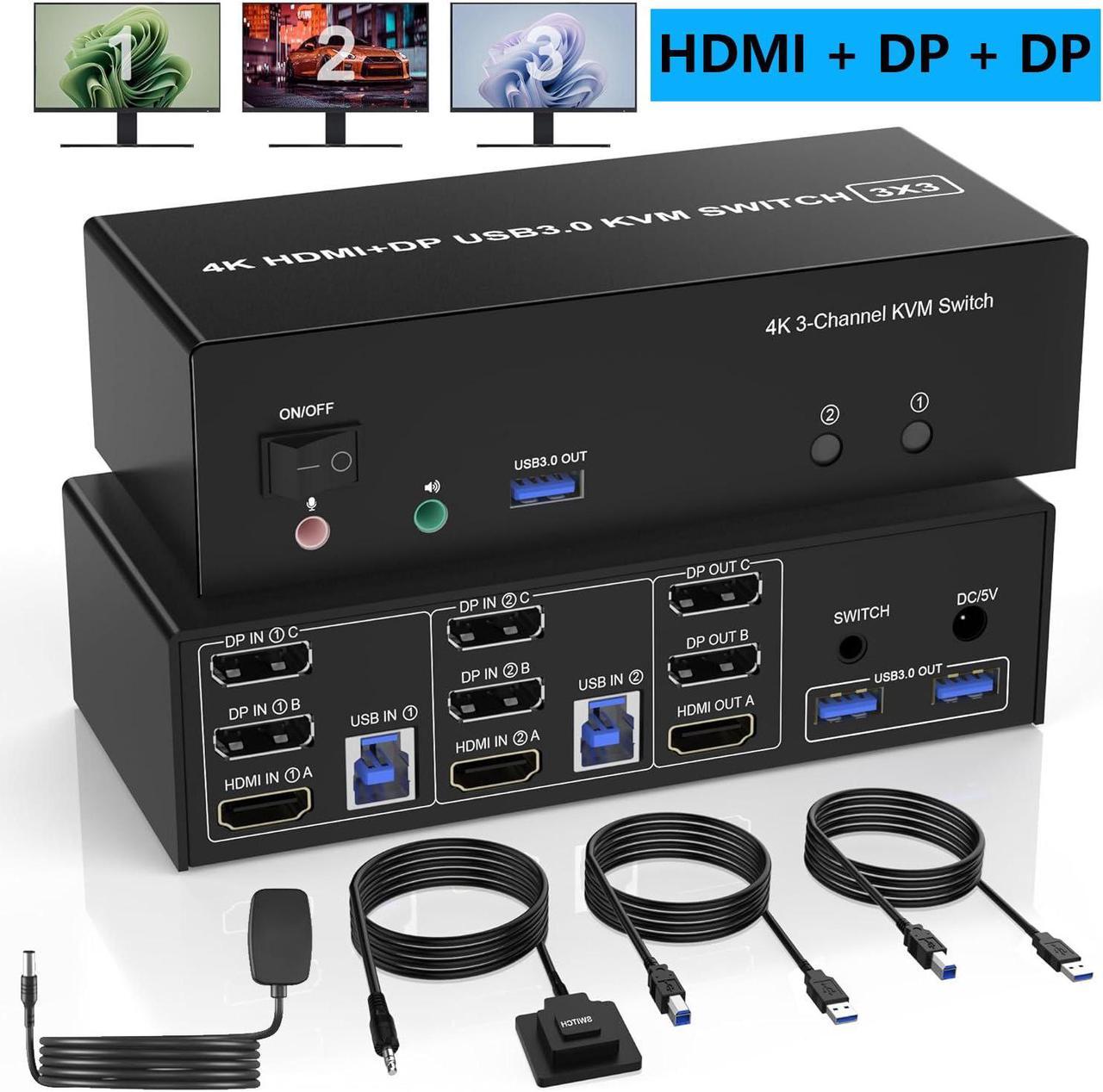 Hitoor USB 3.0 HDMI + 2 DisplayPort KVM Switch 3 Monitors 2 Computers, 4K@60Hz Triple Monitor KVM Switch for 2 Computers 3 Monitors with 3 USB 3.0 Ports and Audio Microphone, Keyboard Mouse Switcher