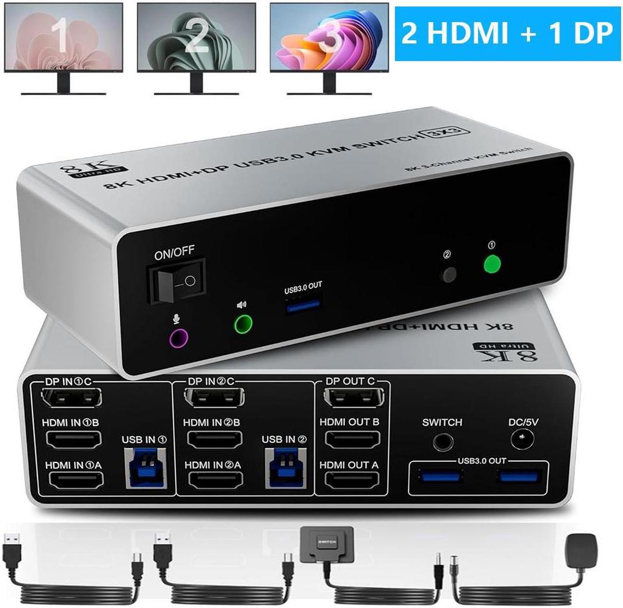 Hitoor 8K@60Hz KVM Switch 3 Monitors 2 Computers 4K@144Hz, 2 HDMI+Displayport Triple Monitor KVM Switch for 2 Computer Share 3 Monitor, Audio Mic Port & 3 USB3.0 Devices, Wired Remote&5V Power Adapter