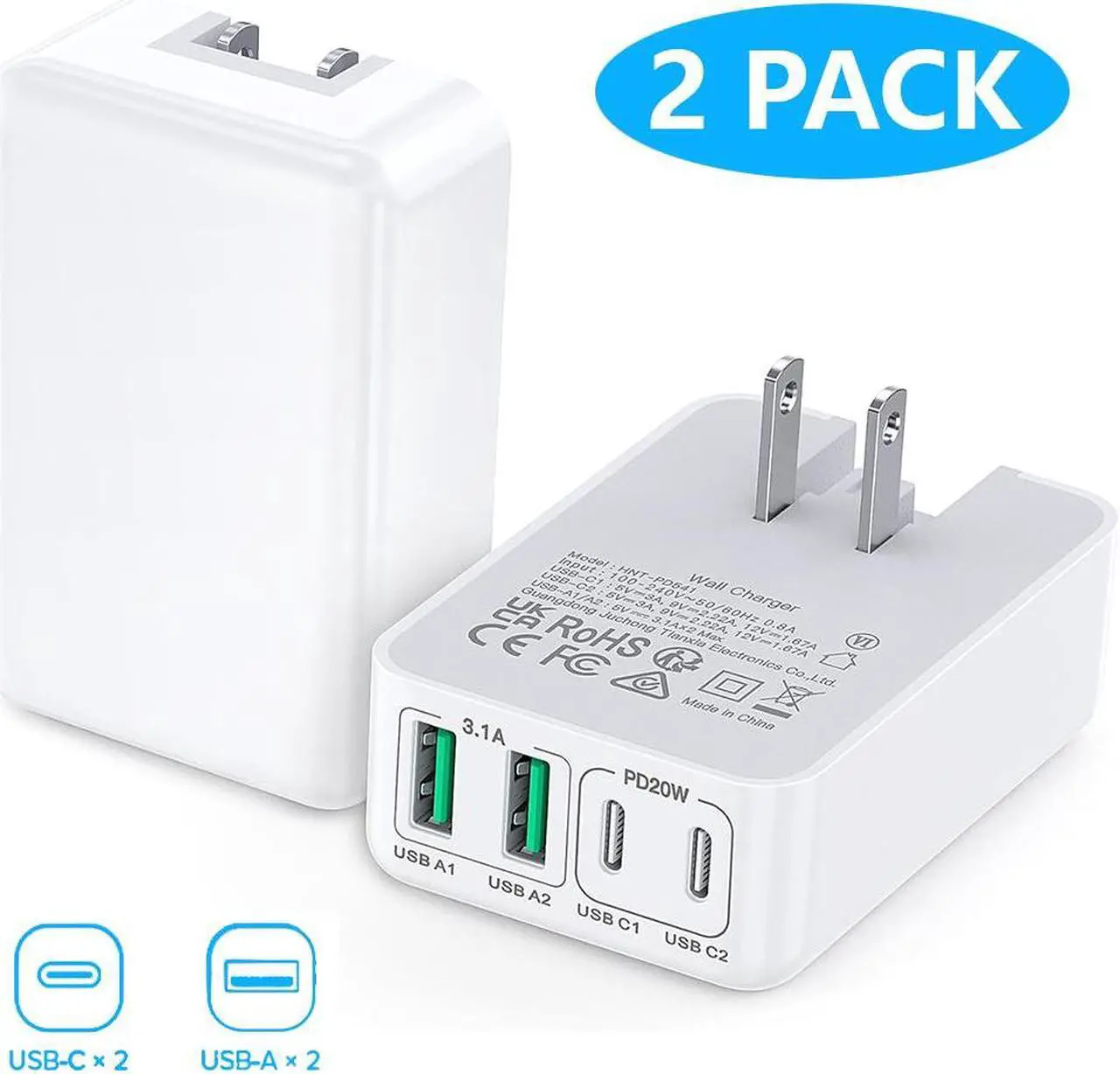 Main image of Hitoor [2 Pack] Flat USB C Wall Charger, 40W 4 Ports Foldable & Slim Fast Charging Block, Type C Cube Box Multiport Power Adapter Plug Brick Compatible with i-Phone, Android Cellphones, Tablets, watch