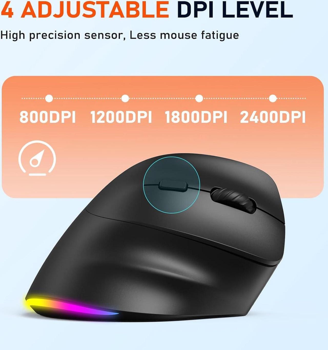 Alt view image 4 of 7 - Hitoor Ergonomic Bluetooth Mouse, Wireless Vertical Mouse RGB Backlit Rechargeable Mice for Bluetooth (5.2 + 3.0) & USB-A with USB-C Adapter 4 Adjustable DPI for Mac/Windows/Andriod/PC/Tablet/iPad