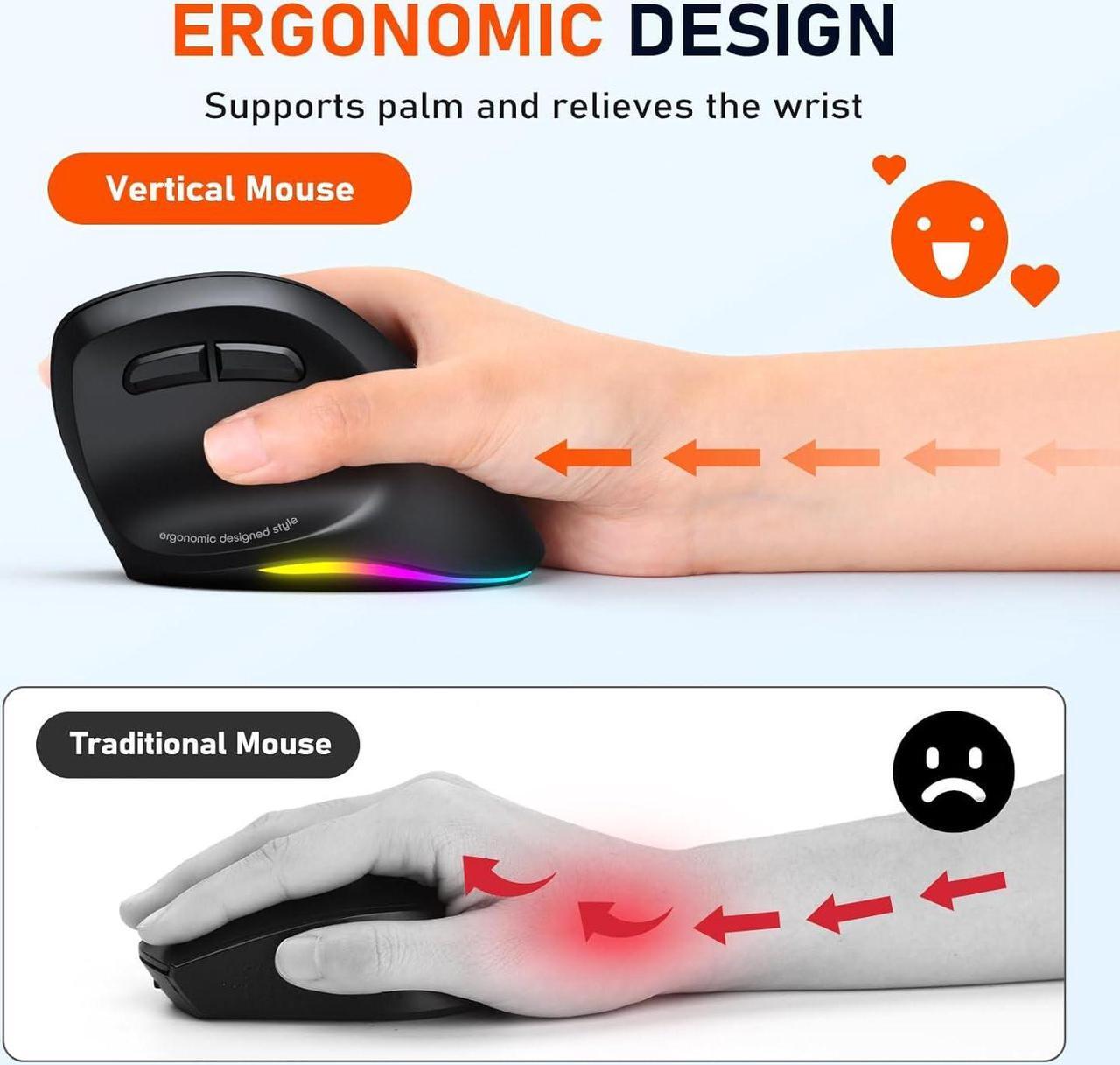 Alt view image 2 of 7 - Hitoor Ergonomic Bluetooth Mouse, Wireless Vertical Mouse RGB Backlit Rechargeable Mice for Bluetooth (5.2 + 3.0) & USB-A with USB-C Adapter 4 Adjustable DPI for Mac/Windows/Andriod/PC/Tablet/iPad