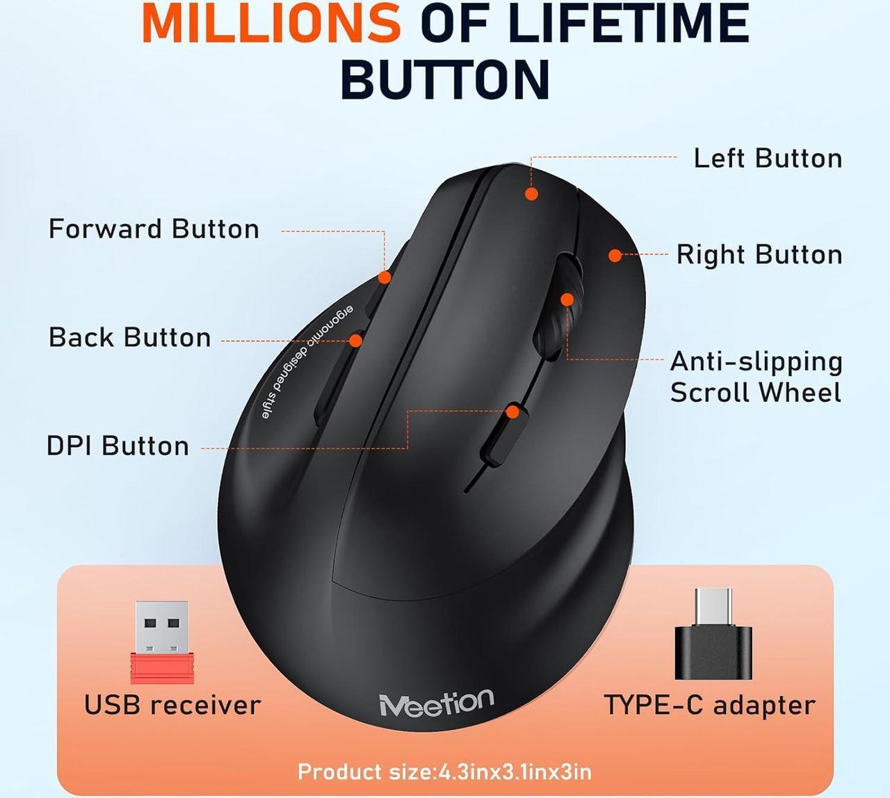 Alt view image 7 of 7 - Hitoor Ergonomic Bluetooth Mouse, Wireless Vertical Mouse RGB Backlit Rechargeable Mice for Bluetooth (5.2 + 3.0) & USB-A with USB-C Adapter 4 Adjustable DPI for Mac/Windows/Andriod/PC/Tablet/iPad