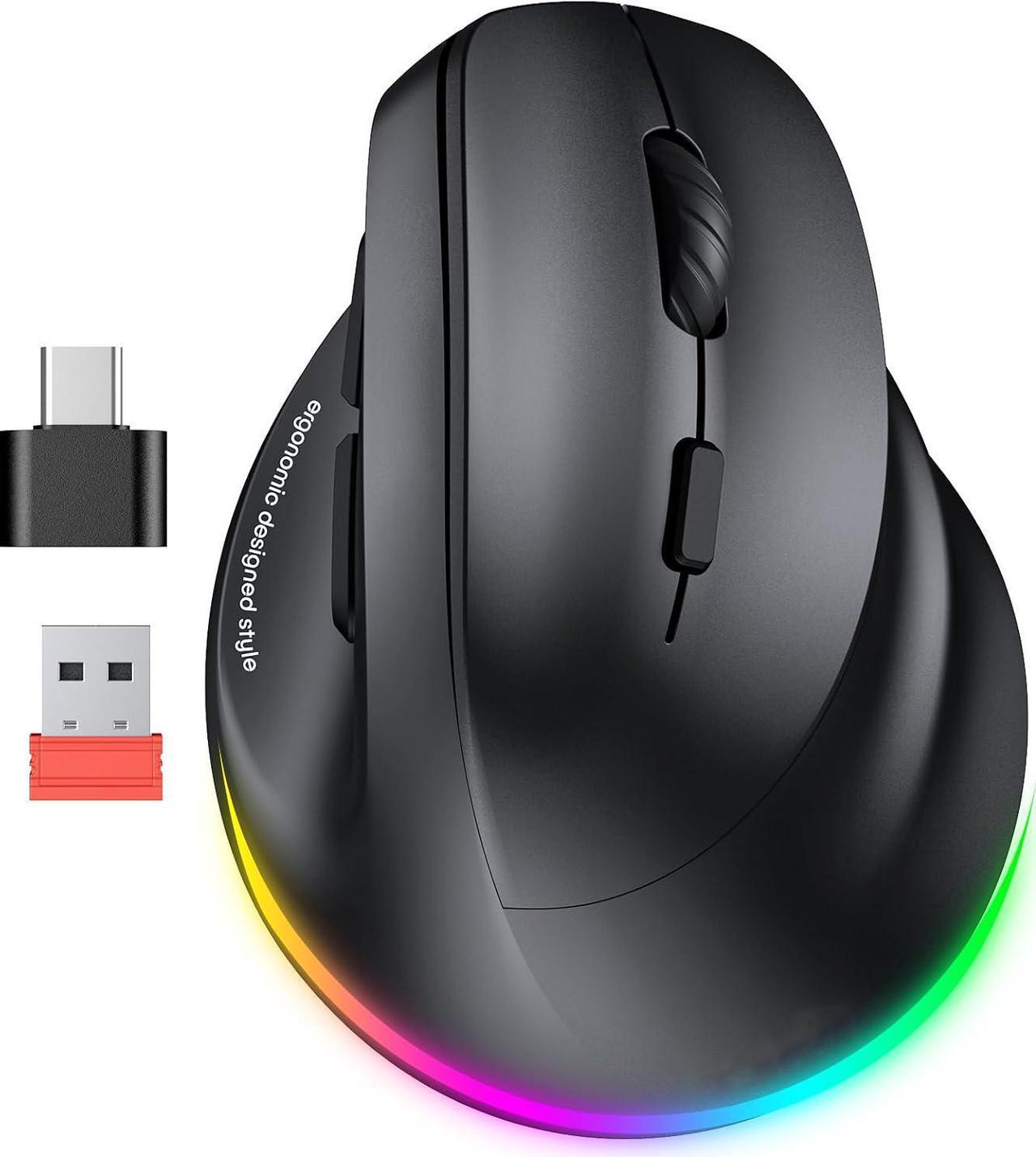 Main image of Hitoor Ergonomic Bluetooth Mouse, Wireless Vertical Mouse RGB Backlit Rechargeable Mice for Bluetooth (5.2 + 3.0) & USB-A with USB-C Adapter 4 Adjustable DPI for Mac/Windows/Andriod/PC/Tablet/iPad