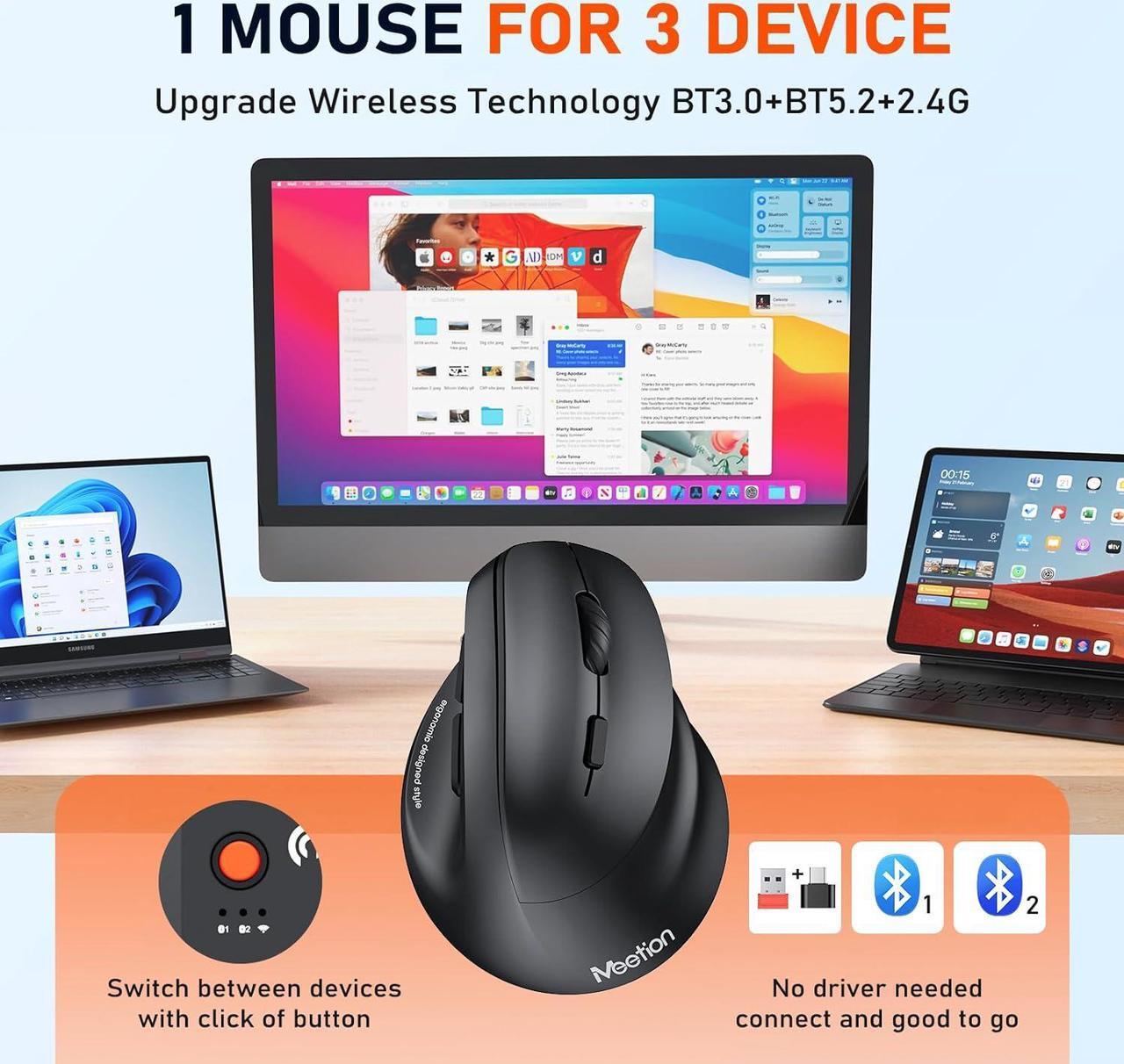 Alt view image 3 of 7 - Hitoor Ergonomic Bluetooth Mouse, Wireless Vertical Mouse RGB Backlit Rechargeable Mice for Bluetooth (5.2 + 3.0) & USB-A with USB-C Adapter 4 Adjustable DPI for Mac/Windows/Andriod/PC/Tablet/iPad