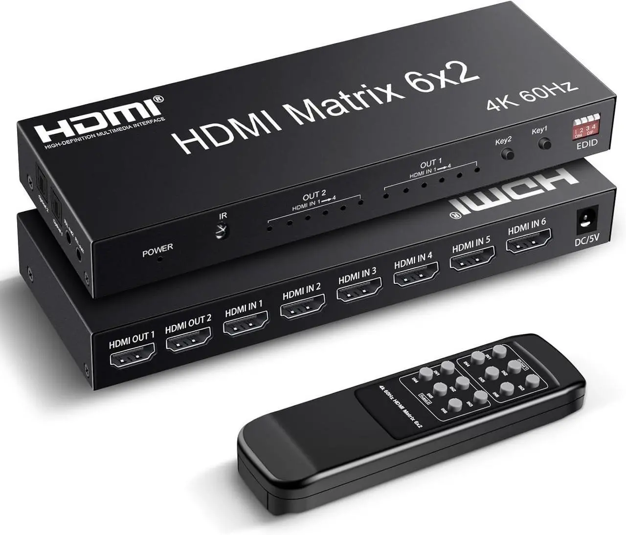 Main image of Hitoor HDMI Matrix Switch 6 in 2 Out, 4K@60Hz HDMI Switch with IR Remote, Optical & 3.5mm Audio Output, 6x2 HDMI Switcher with Audio Support HDMI 2.0, HDCP 2.2, 3D, Auto Downscal for PS5/4, Fire Stick
