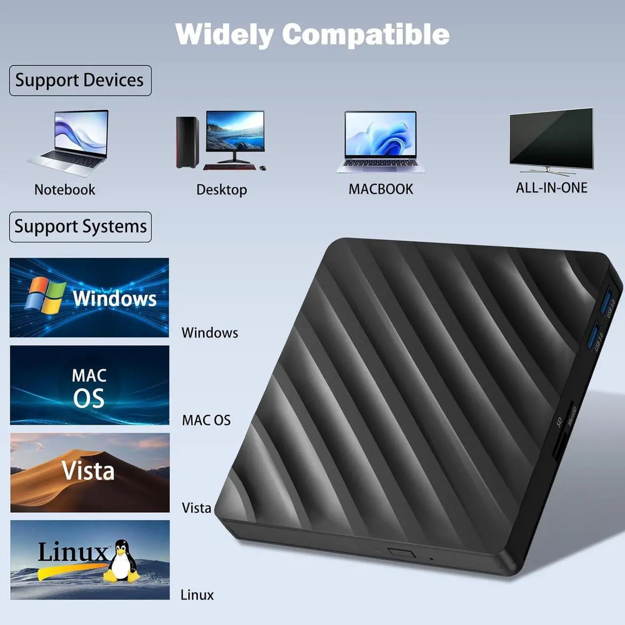Alt view image 6 of 7 - Hitoor [5 in 1] External Blu Ray Drive, USB 3.0 Type-C Portable Blu-Ray Player, CD DVD Burner 3D Blu Ray with 2 USB 3.0 Ports & SD/TF Port, Blu Ray Drive Compatible with Windows Linux Mac OS Laptop PC