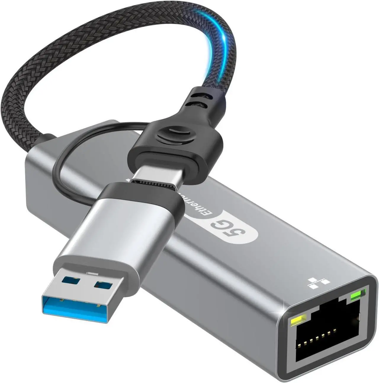 Main image of Hitoor USB C to Ethernet Adapter 5Gbps, 2-in-1 USB to 5Gbps Ethernet Cable, 5000Mbps Type C to RJ45 Network LAN Internet Converter, Aluminum Case Compatible for i-Phone 16 15 Pro Max, MacBook Pro/Air